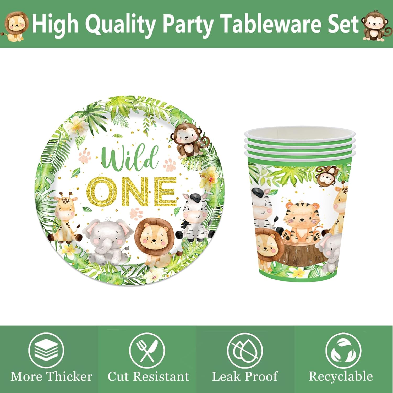 Wild One Birthday Decorations Tableware - Safari Birthday Decorations Including Plates, Cups, Napkins, Animal Jungle Theme Wild One Party Supplies (Serve 25) image number 4