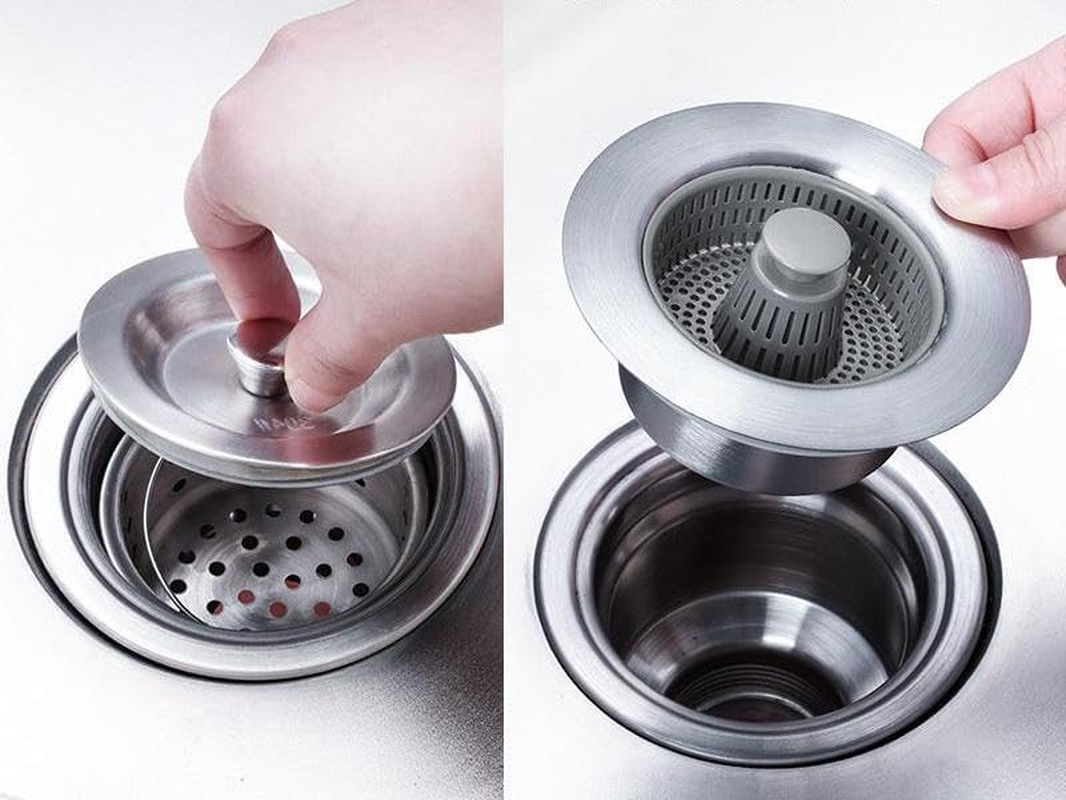 Kitchen Sink Drain Strainer and Stopper Combo, Universal Kitchen Drain Press Bounce Device Stainless Steel Sink Drain Stopper (Silvery, 11Cm)