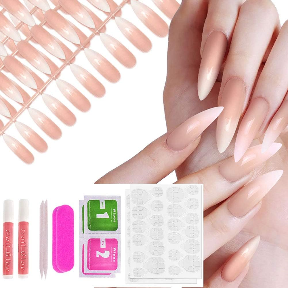 Allstarry 120Pcs Extra Long Ombre French Fake Nail Natural Nude Stiletto Press on Nails Full Cover Artificial Wedding Party Manicure Nail Tips for Women and Girls image number 1