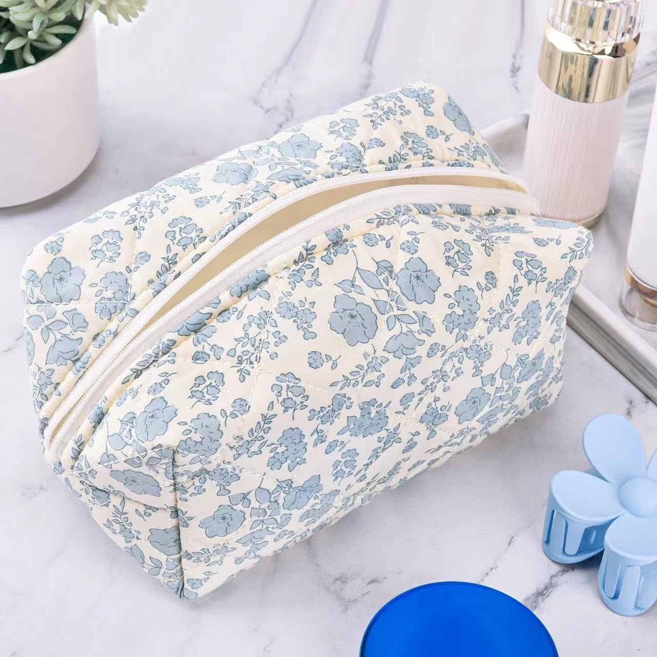 Floral Quilted Makeup Bag - Cosmetic and Skincare Product Pouch, Fashionable Travel Puffy Coquette Makeup Bag, Small Cute Attractive Blue - Blue image number 3