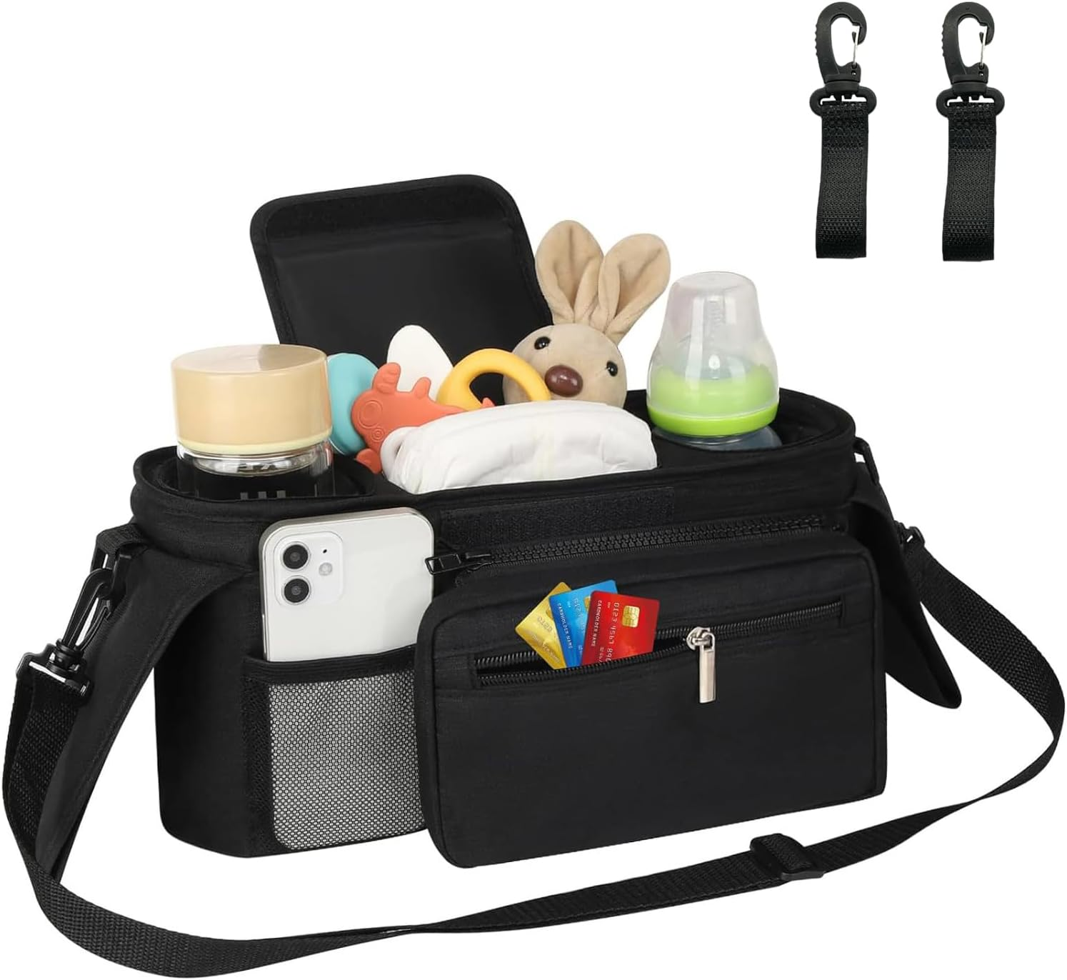 Stroller Organizer Storage Bag with Adjustable Shoulder Strap, Insulated Cup Holder and Detachable Phone Pouch, Suitable for Travel Stroller, Baby Caddy Jogger and Pet Pram, 2 Hooks image number 1