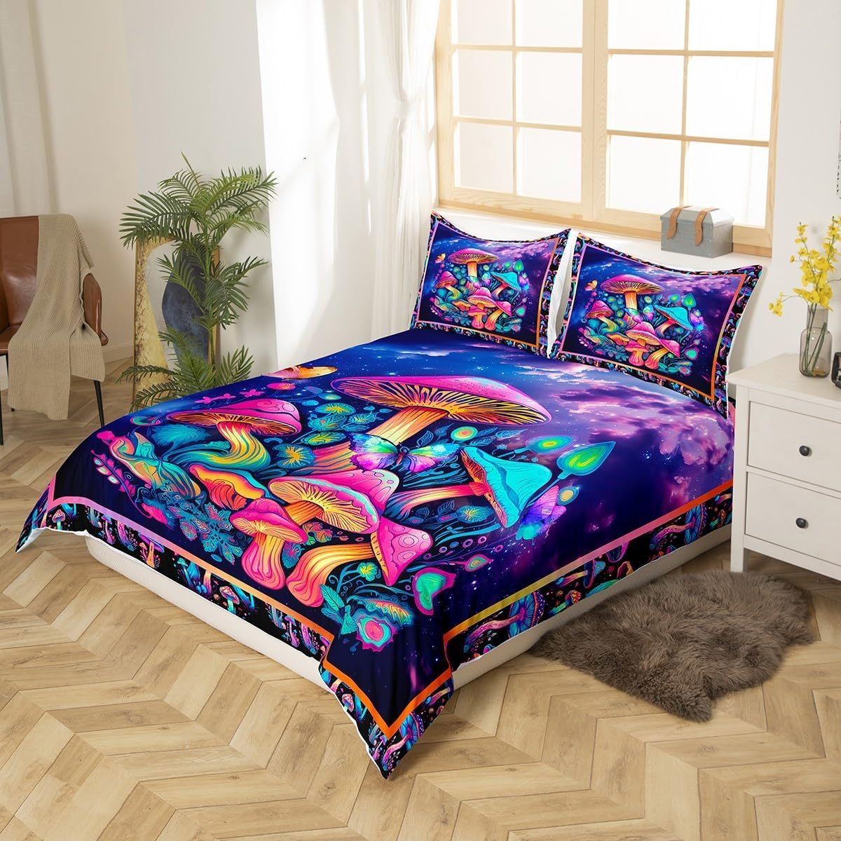 Homewish Neon Mushroom 220 X 240 Cm Duvet Cover Plant Mushroom Trippy Bedding Set for Girls Boys Children, Pink Teal Purple Gradient Galaxy Psychedelic Comforter Cover, Colourful Butterfly Bed Set image number 1