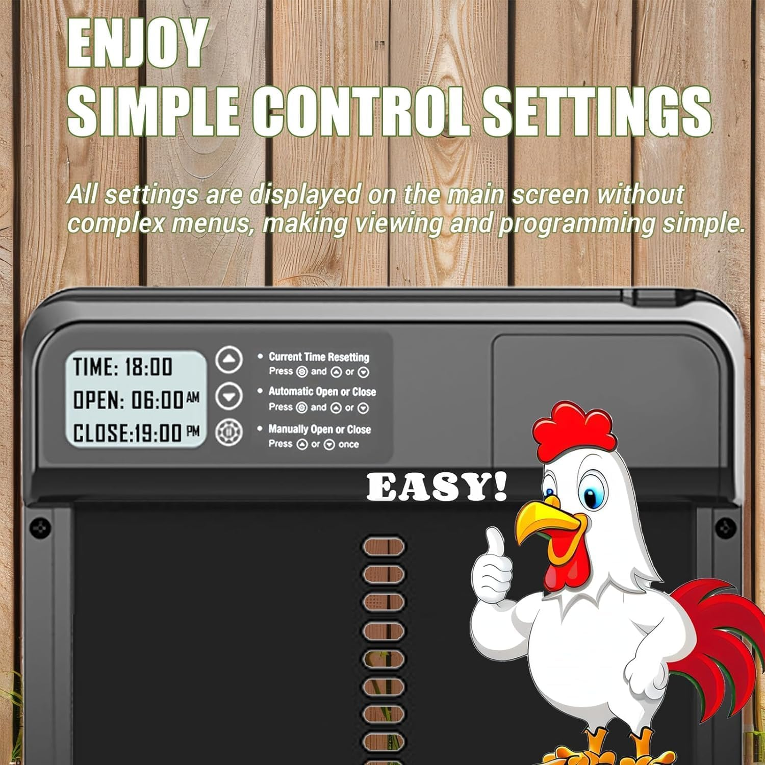 Chicken Coop Door Opener with Timer Control, Anti-Pinch Protection, Aluminum Door, Battery Powered LCD Screen, Weatherproof, Low Battery Alert, Easy Installation for Poultry image number 4