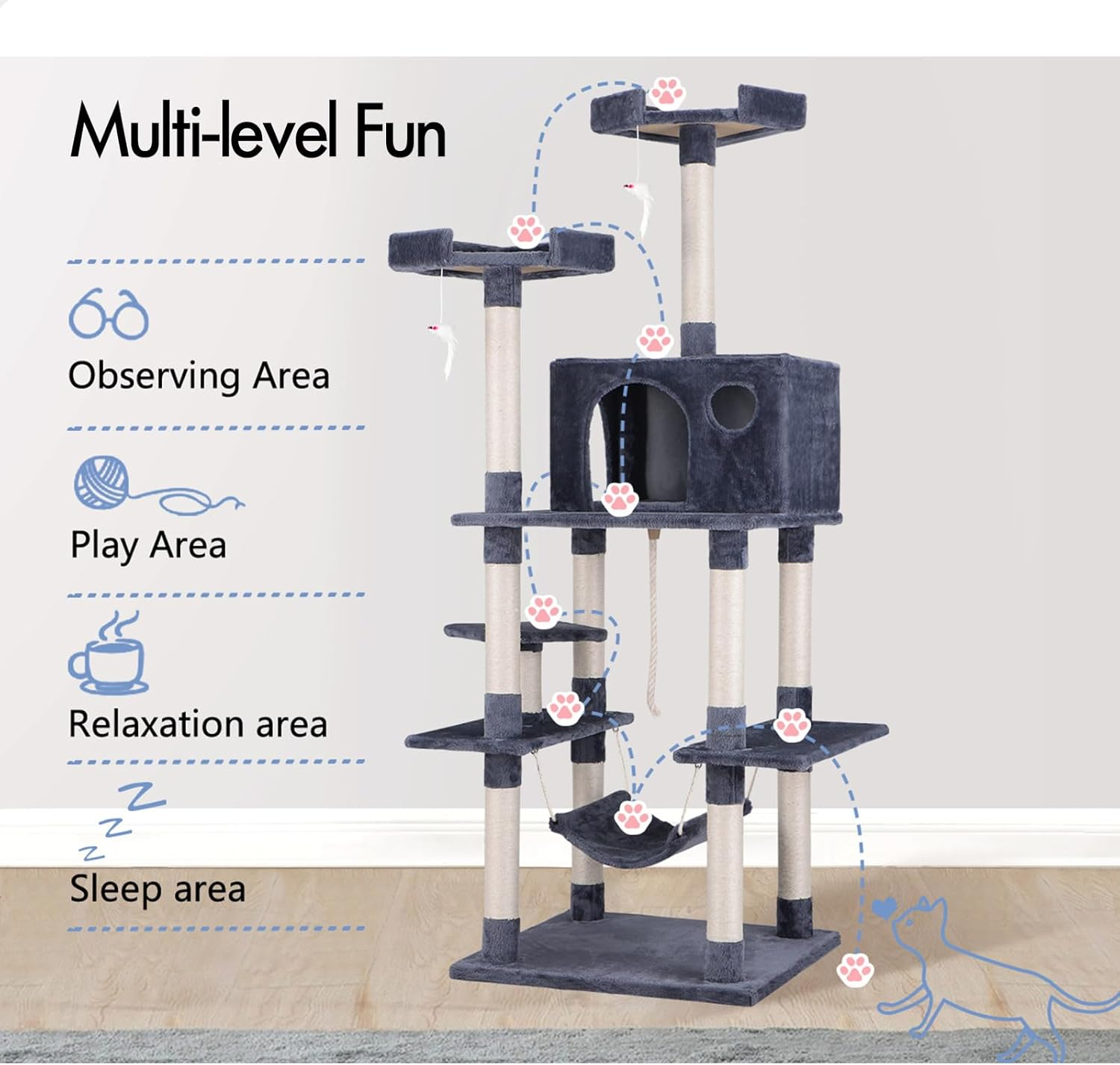 BEASTIE Cat Tree 184Cm Multi-Level Cat Tower with Scratching Posts, Cat Condo Play House Wooden Furniture with Hanging Toy & Hammock, Sisal-Covered Cat Scratcher Tower for Kitten Climbing & Rest, Grey image number 4