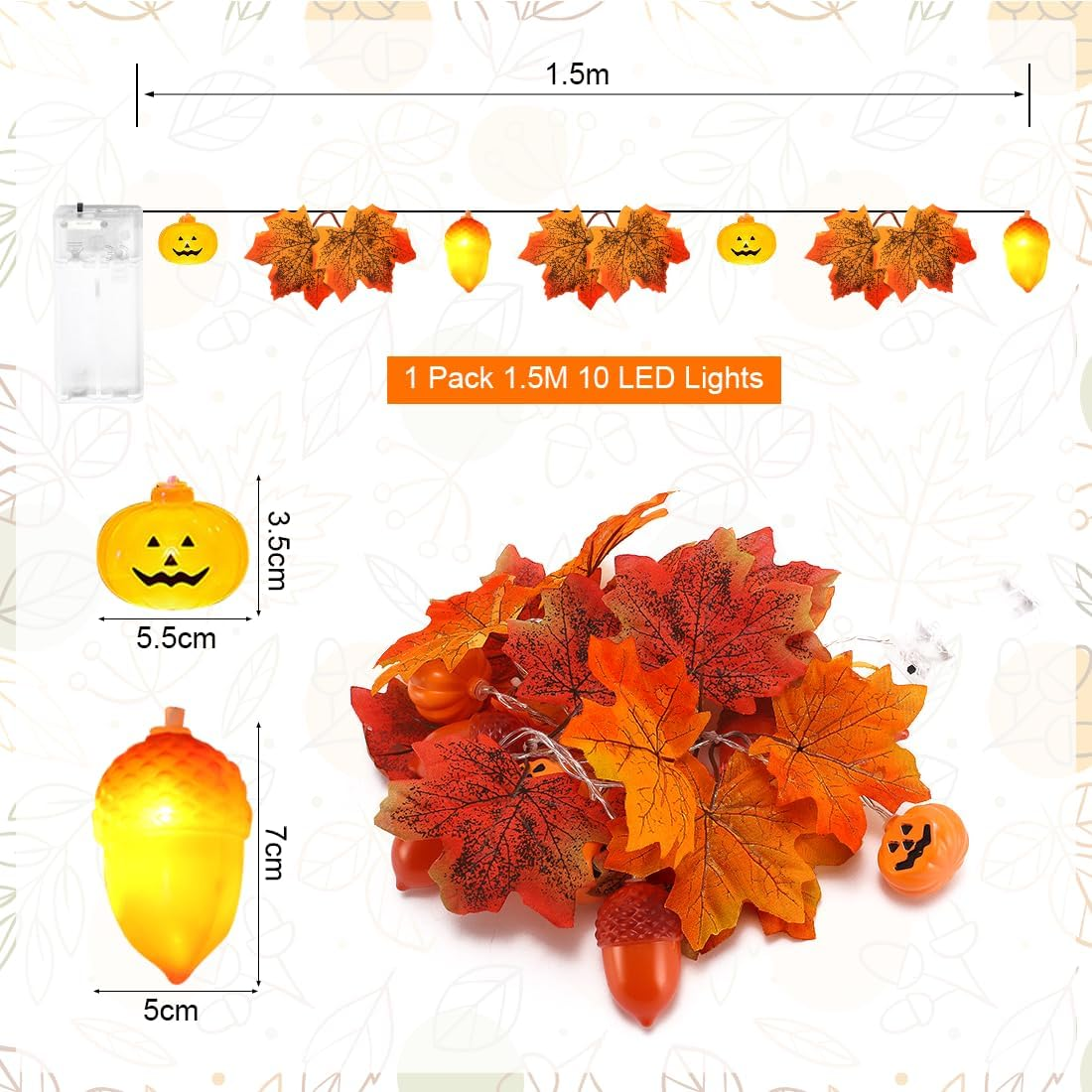 Autumn Fairy Lights, 1.5 M, 10 LED Maple Leaves Acorns Fairy Light, Fairy Lights, Battery for Decorating Windows, Doors, Tables, Autumn Decoration, Thanksgiving, Halloween, Christmas Decoration image number 2