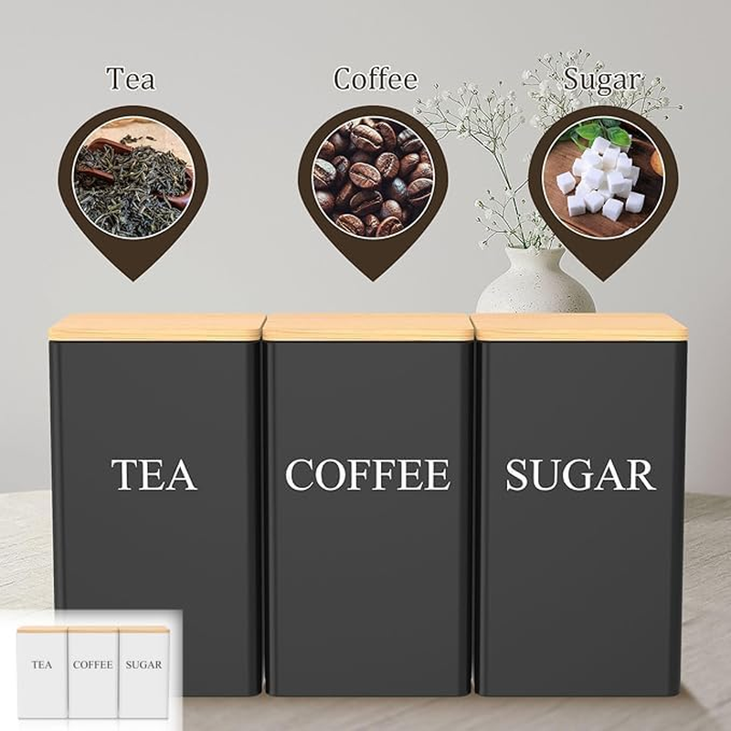 3 Pcs Coffee Tea Sugar Container Set, 1000 Ml Vintage Kitchen Canister Set with Bamboo Lids, Metal Food Storage Container Jars for Kitchen Counter, Farmhouse Kitchen Decor (Black) image number 4