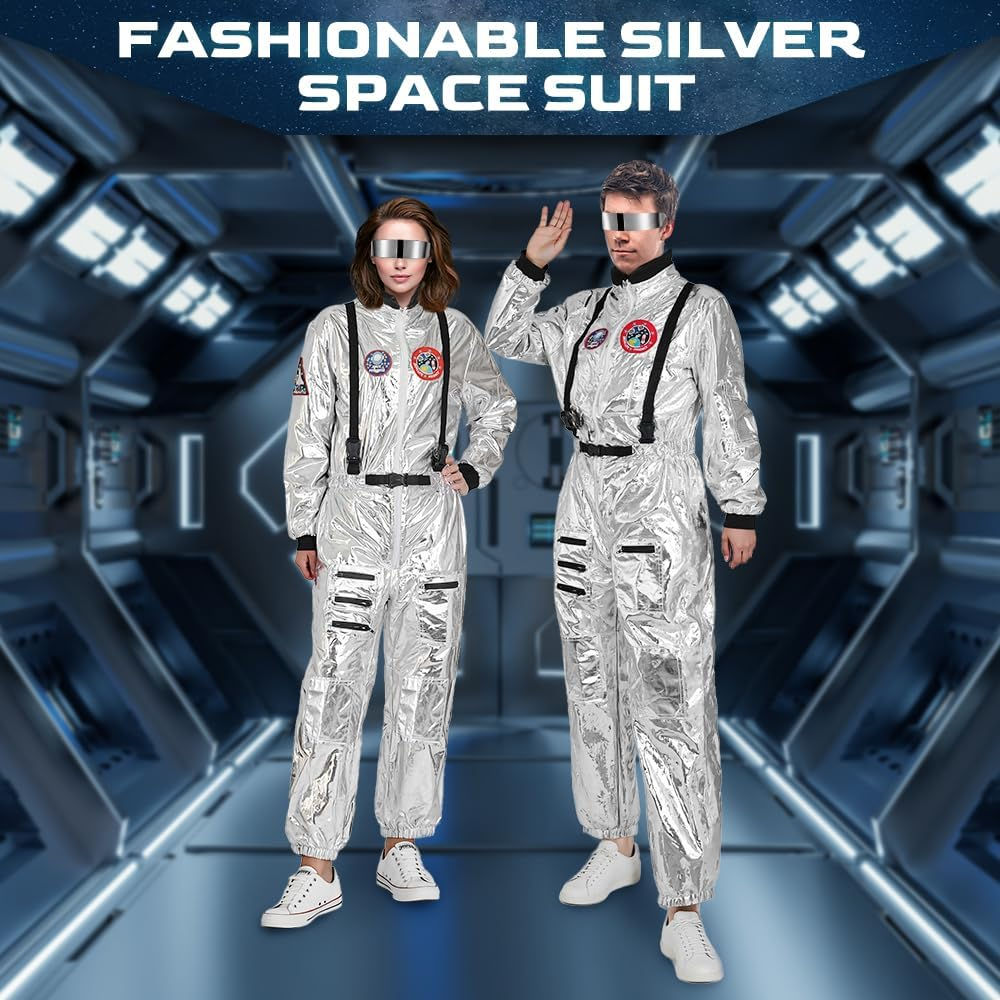 AUTOWT Astronaut Costume Jumpsuit Men'S Women&rsquo;S, Adult Shiny Silver Space Suit with Embroidered Patches and Pockets for Halloween Spaceman Unisex Costume Party Cosplay Carnival Outfits image number 3