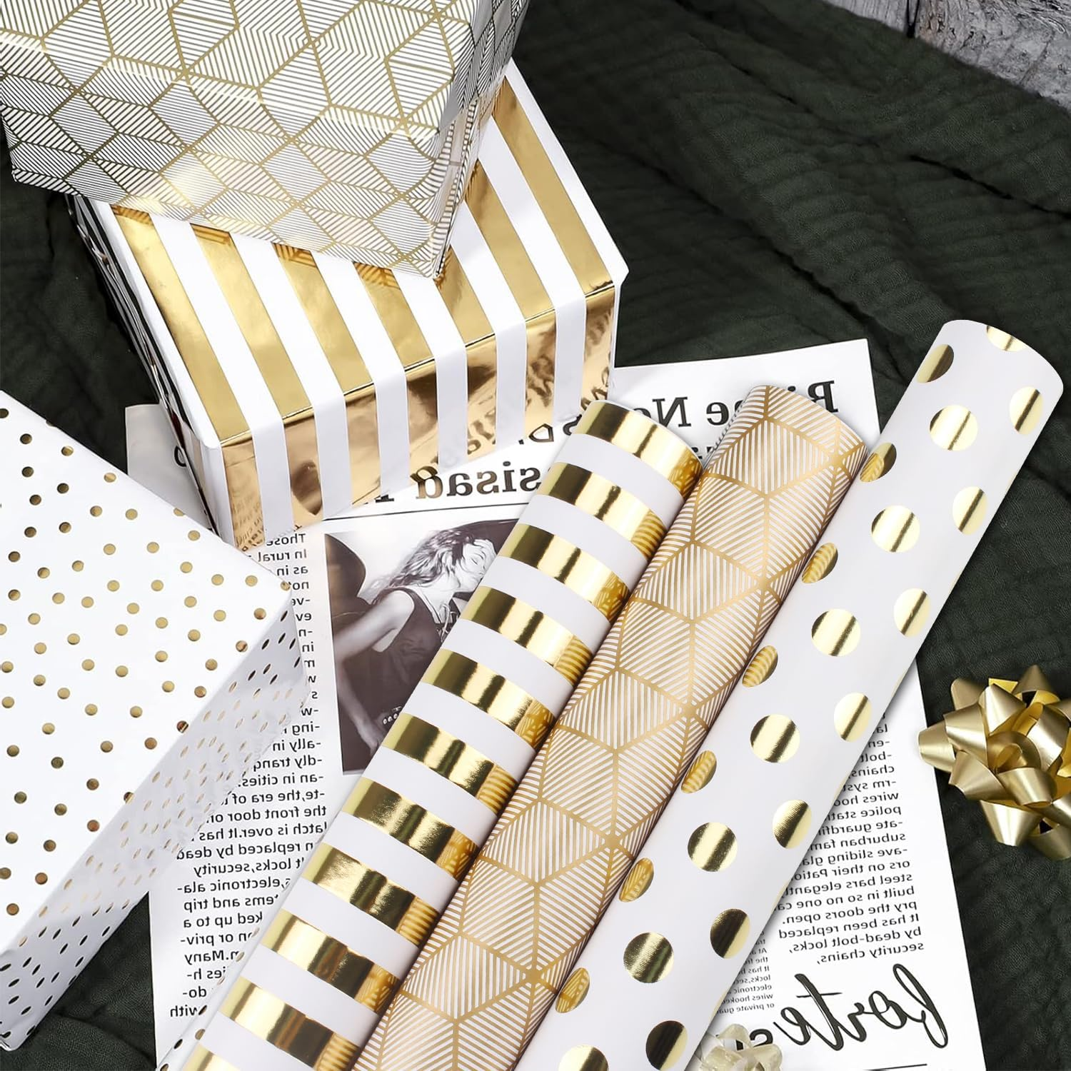 Birthday Wrapping Paper Roll, Birthday Gift Wrapping Paper Paper Roll,3 Rolls Happy Birthday Polka Dots Stripes Design for Birthday, Holiday, Party, Wedding by H HOME-MART (Gold Foil) image number 2