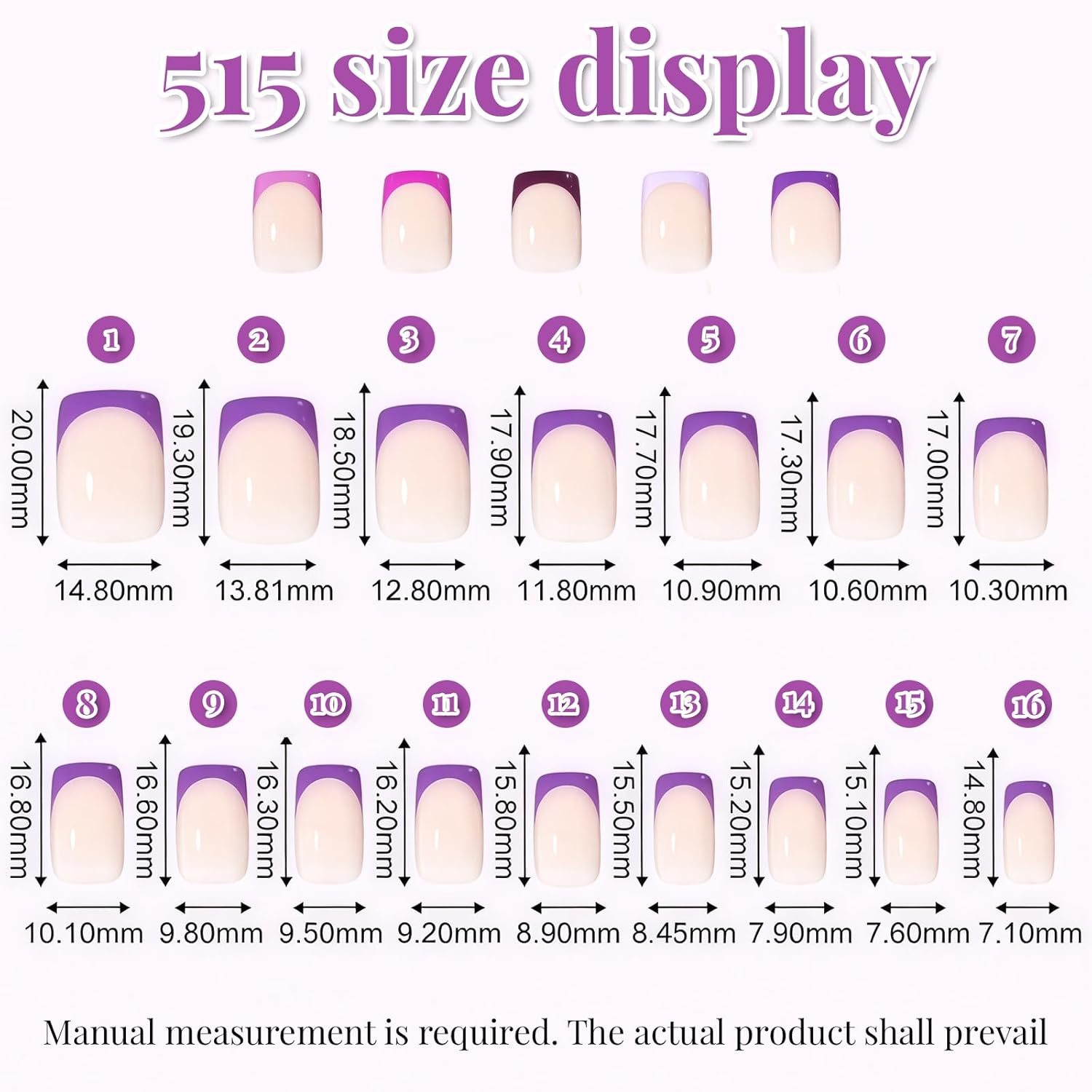 160Pcs Purple French Tip Press on Nails, Short Square PMMA Acrylic Fake Nails Set for Women, Girls Daily Wear & Parties (15 Sizes) image number 2