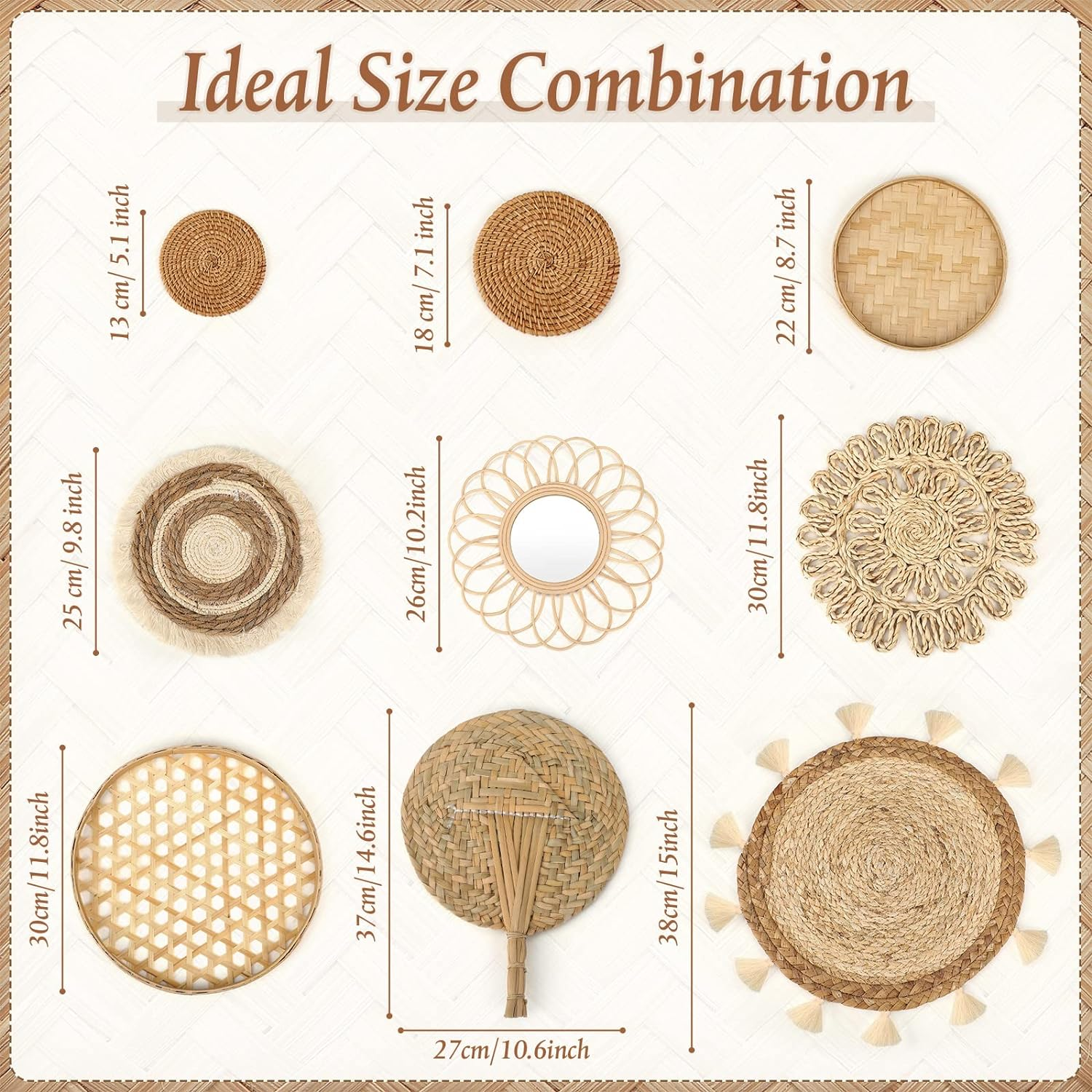 Unittype Set of 9 Wall Basket Decor Boho Hanging Rattan Wall Decor Flat round Wicker Mirror Woven Macrame Tassels Tapestry Bamboo Basket Handmade Serving Tray Art for Room Bedroom Living Room