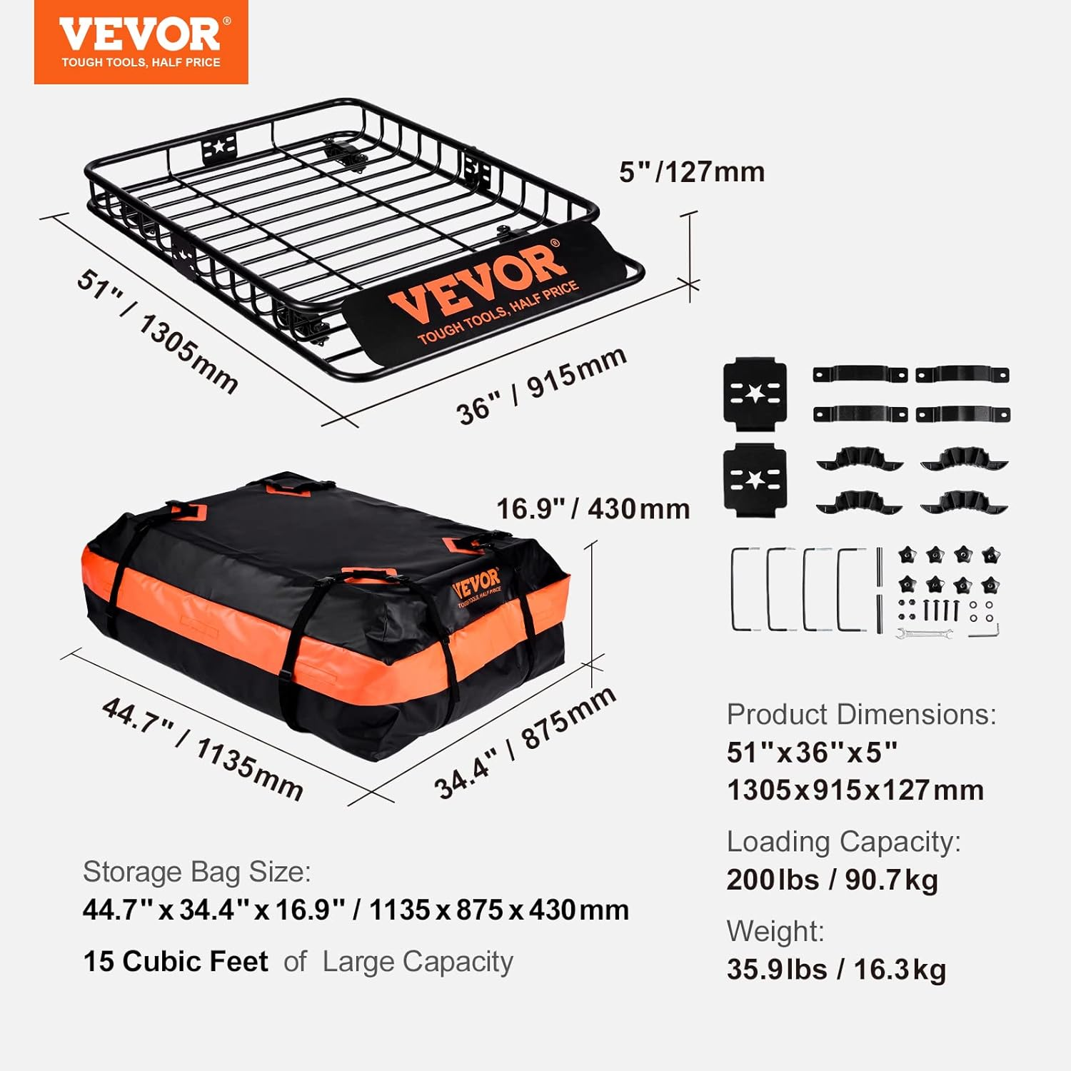 VEVOR Roof Rack Cargo Basket,130 X 91Cm Rooftop Cargo Carrier W/ 15 Cu Ft Waterproof Cargo Bag, 90 KG Capacity Universal Rack Carrier for SUV, Truck image number 6