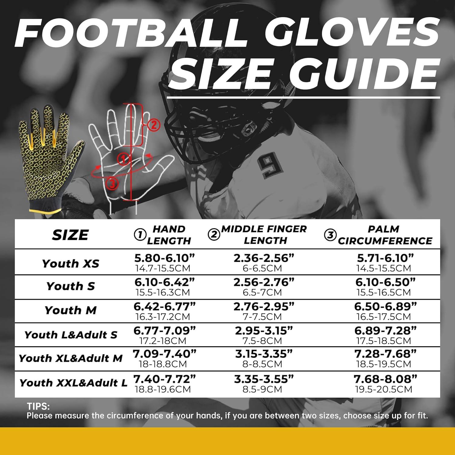 HANDLANDY Youth Football Gloves, Sticky Wide Receiver Gloves for Kids & Adult, Black and Gold Stretch Fit Football Gloves (Small) image number 3