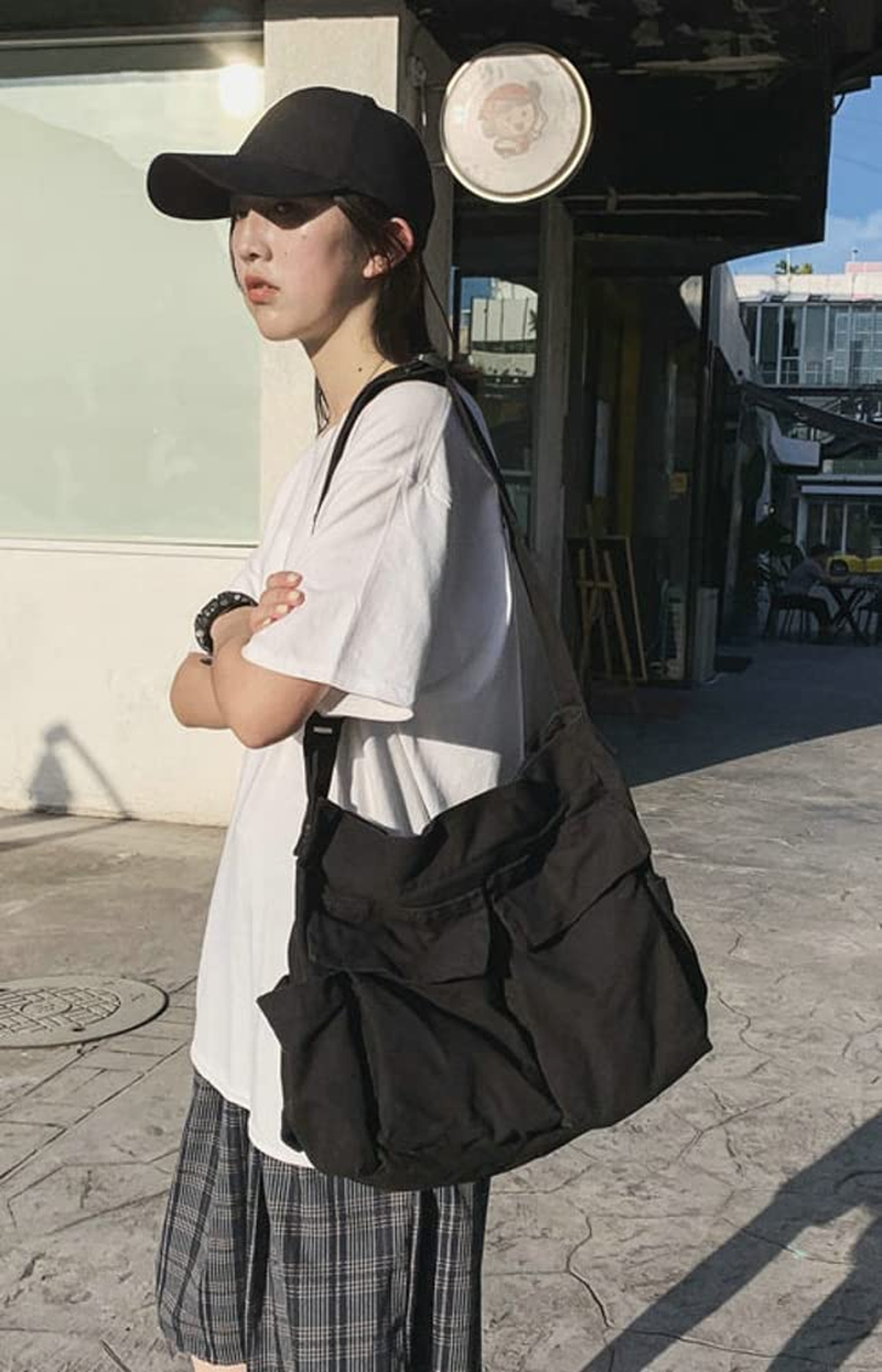 Women Men Crossbody Shoulder Bag Large Hobo Bag with Multiple Pockets Canvas Messenger Tote Bag for Women and Men - Light Khaki image number 2