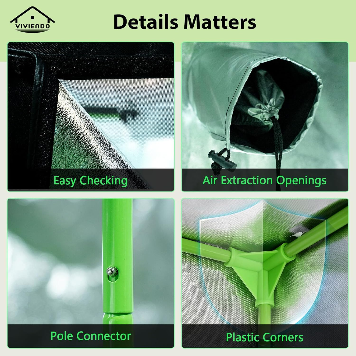 Viviendo Grow Tent, Hydroponics Growing System Plant Room, Greenhouse with Highly Reflective Inside, Indoor Plant Kits with Removable Floor Tray, 600D Oxford & Steel Frame, 1.2X1.2X2M image number 5