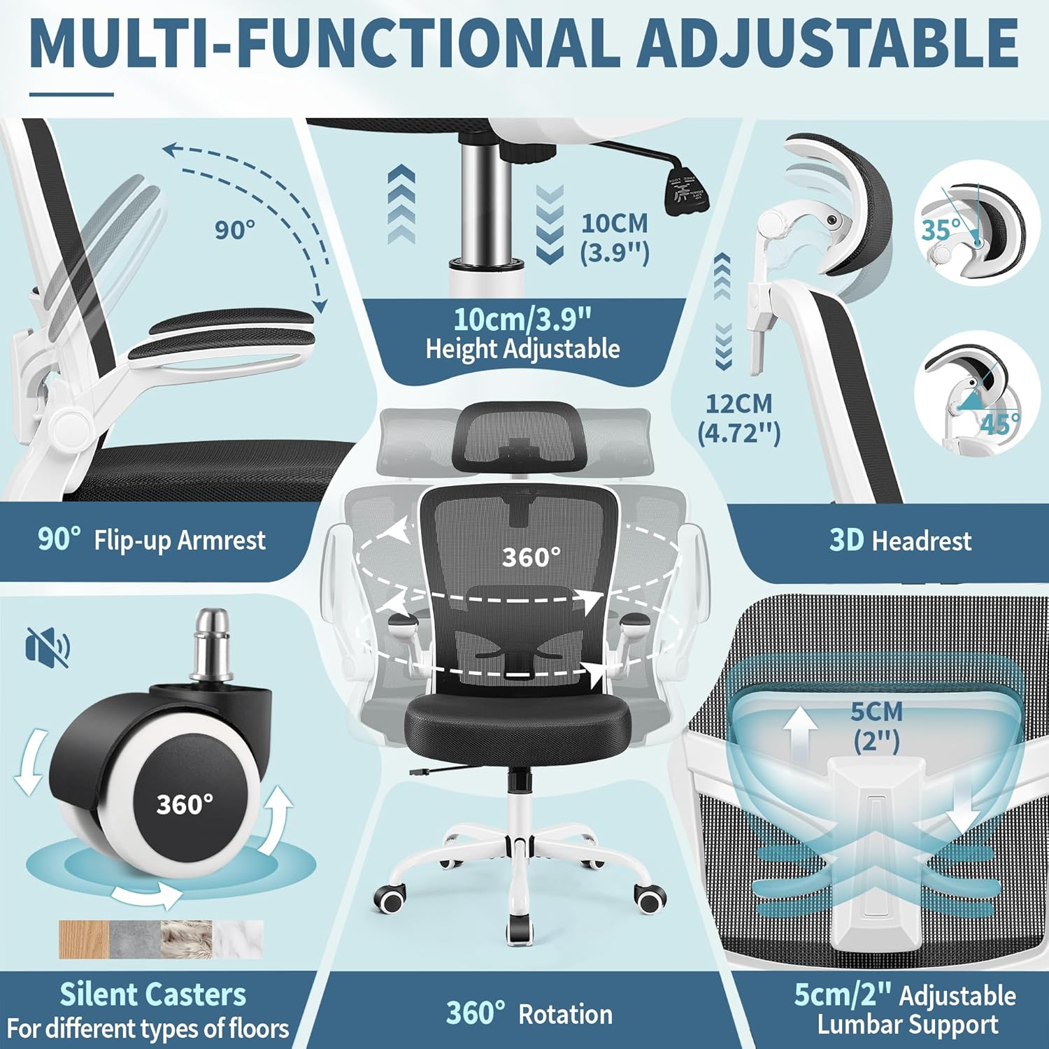 Felixking Ergonomic Office Chair, Headrest Desk Chair Office Chair with Adjustable Lumbar Support, Home Office Swivel Task Chair with High Back and Armrest (White)
