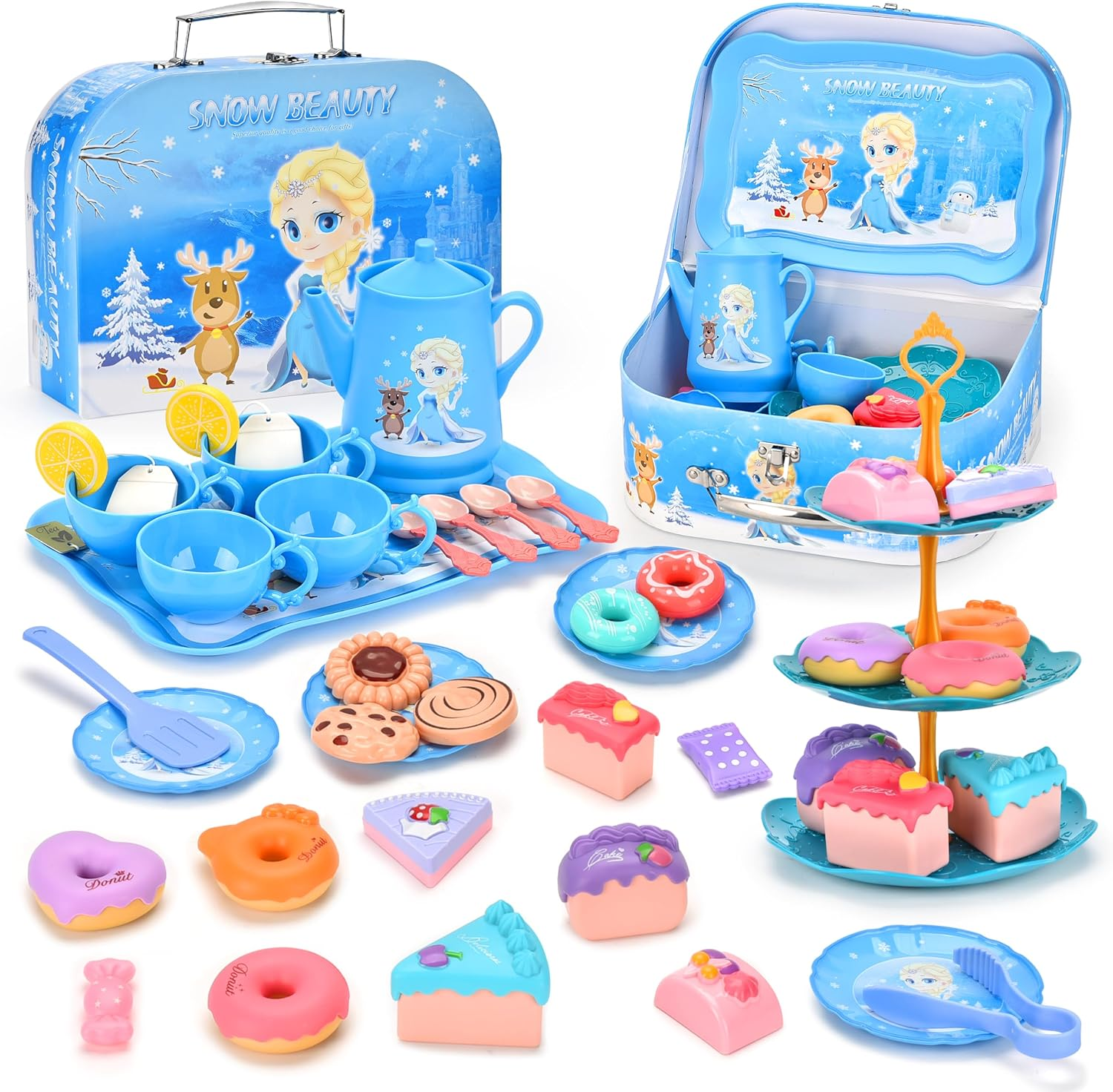 UNITSLYZ Tea Party Set for Little Girls, Mermaid Tea Party Set, Kitchen Pretend Play Toys, Preschool Kids Kitchen Toys with Dessert Cups Tray Teapot, Birthday Gift for Girls Kids Age 3 4 5 6 7