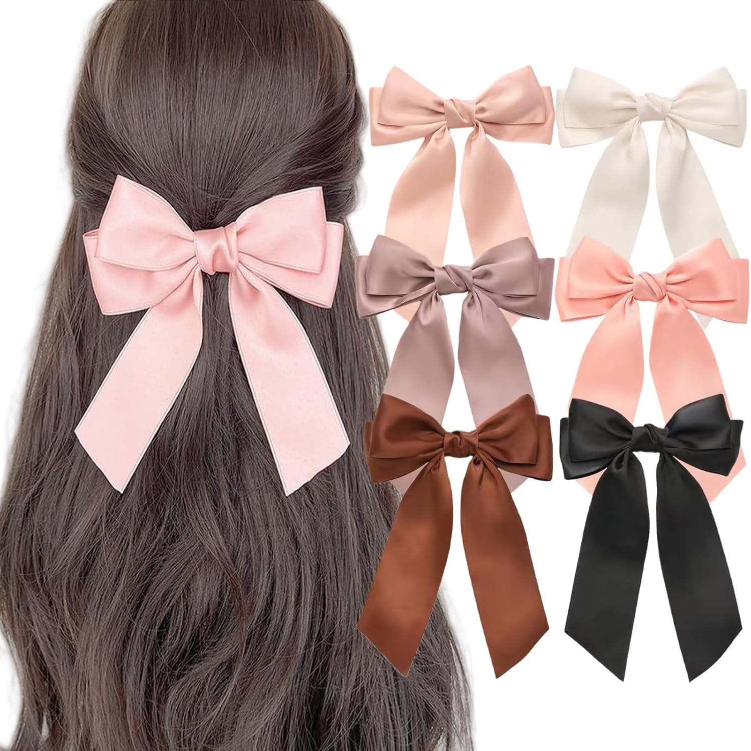 Silky Satin Hair Bow Clips for Women, 6Pcs Large Satin Bow Hair Slide Clips, Long Silky Satining Big Bow Hair Clip, Big Bow Hair Clips Solid Color image number 5