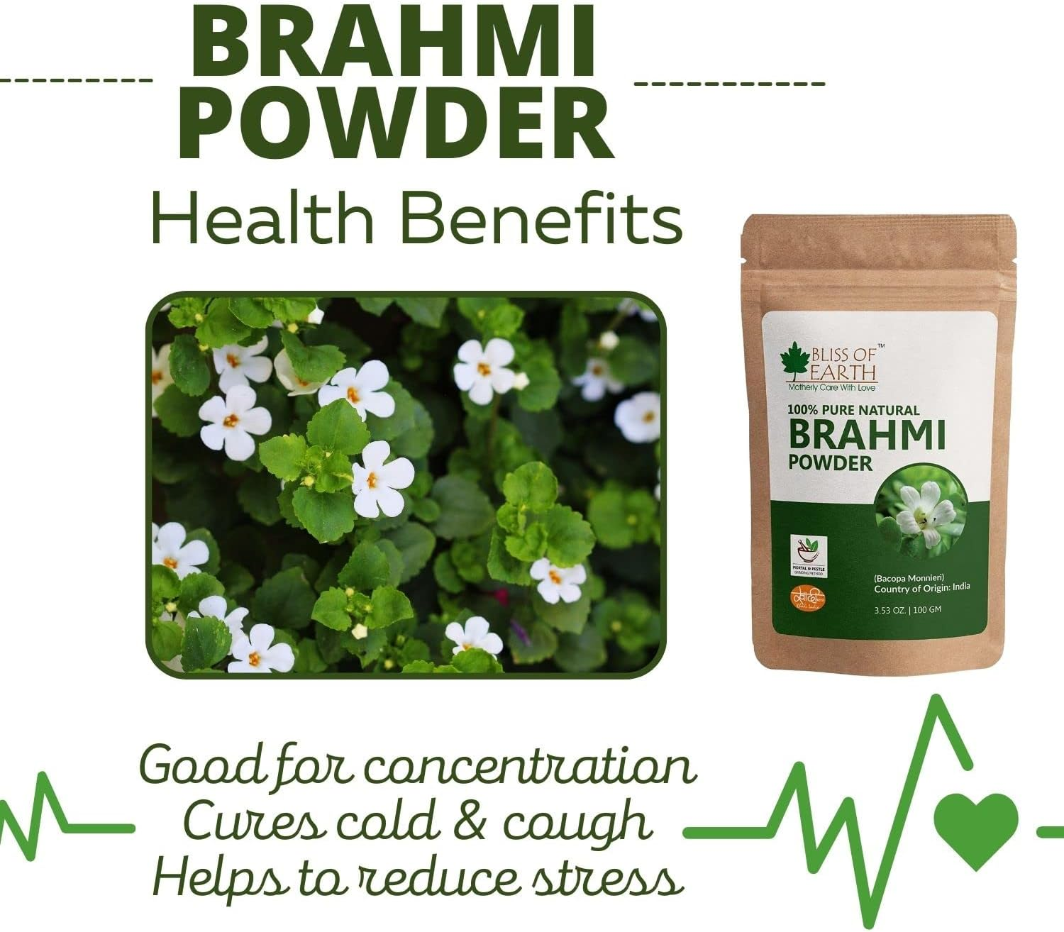 Bliss of Earth & Natural Brahmi Powder, 100GM image number 3
