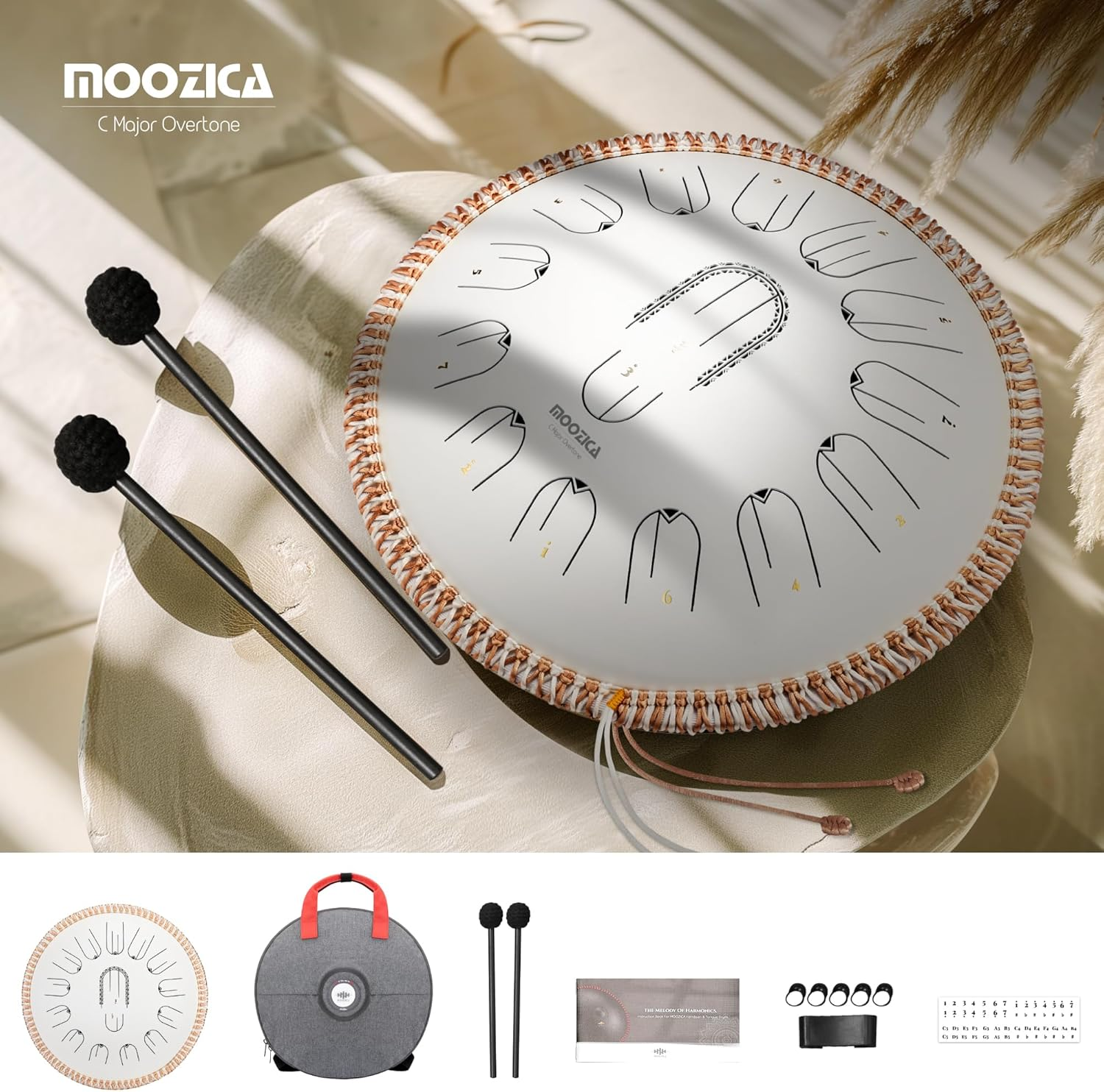 MOOZICA 15 Inch Steel Handpan Tongue Drum - 15 Notes in C Major 432Hz Tongue Drum with Octave Overtone Design - Professional Percussion Tongue Drum Instrument with Carry Bag White - Black image number 2