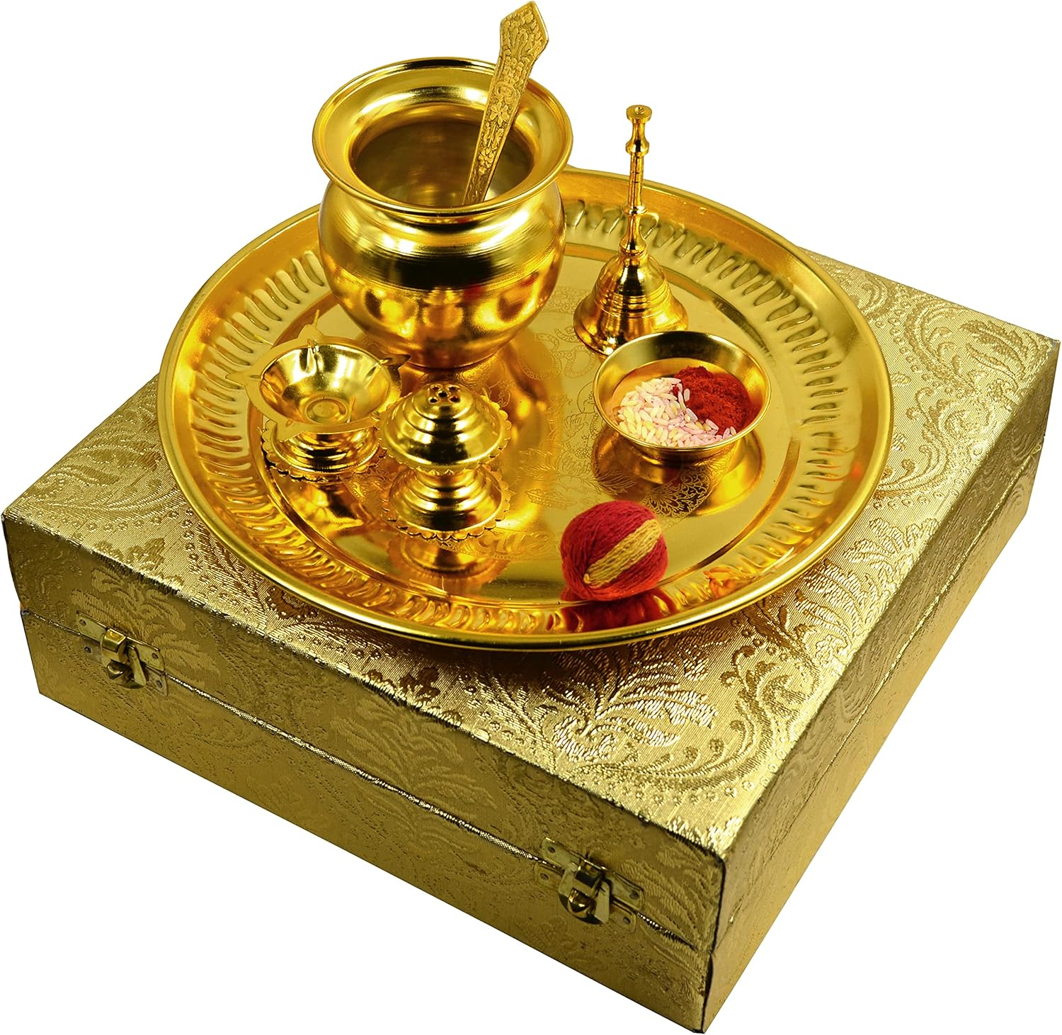 Samyuktha Beautifulpooja Thali Set with Gift Box -Indian Festival Puja Thali for Navratri | Golden Color Pooja Thali Box | Pooja Thali Set | Pooja Thali for Home/Temple/Mandir image number 4