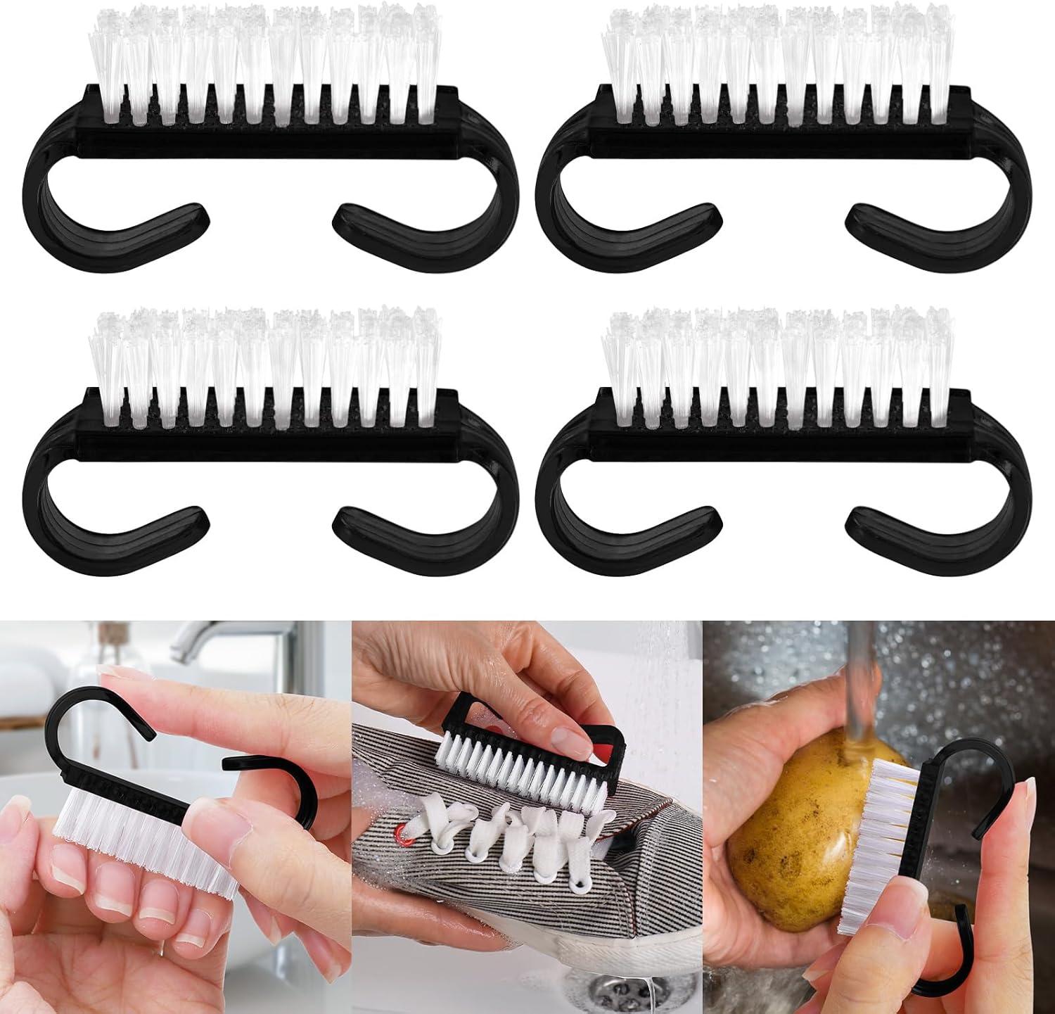 4 Pack Handle Grip Nail Brush,Hand Fingernail Scrub Cleaning Brushes for Toes and Nails Cleaner (Clear)
