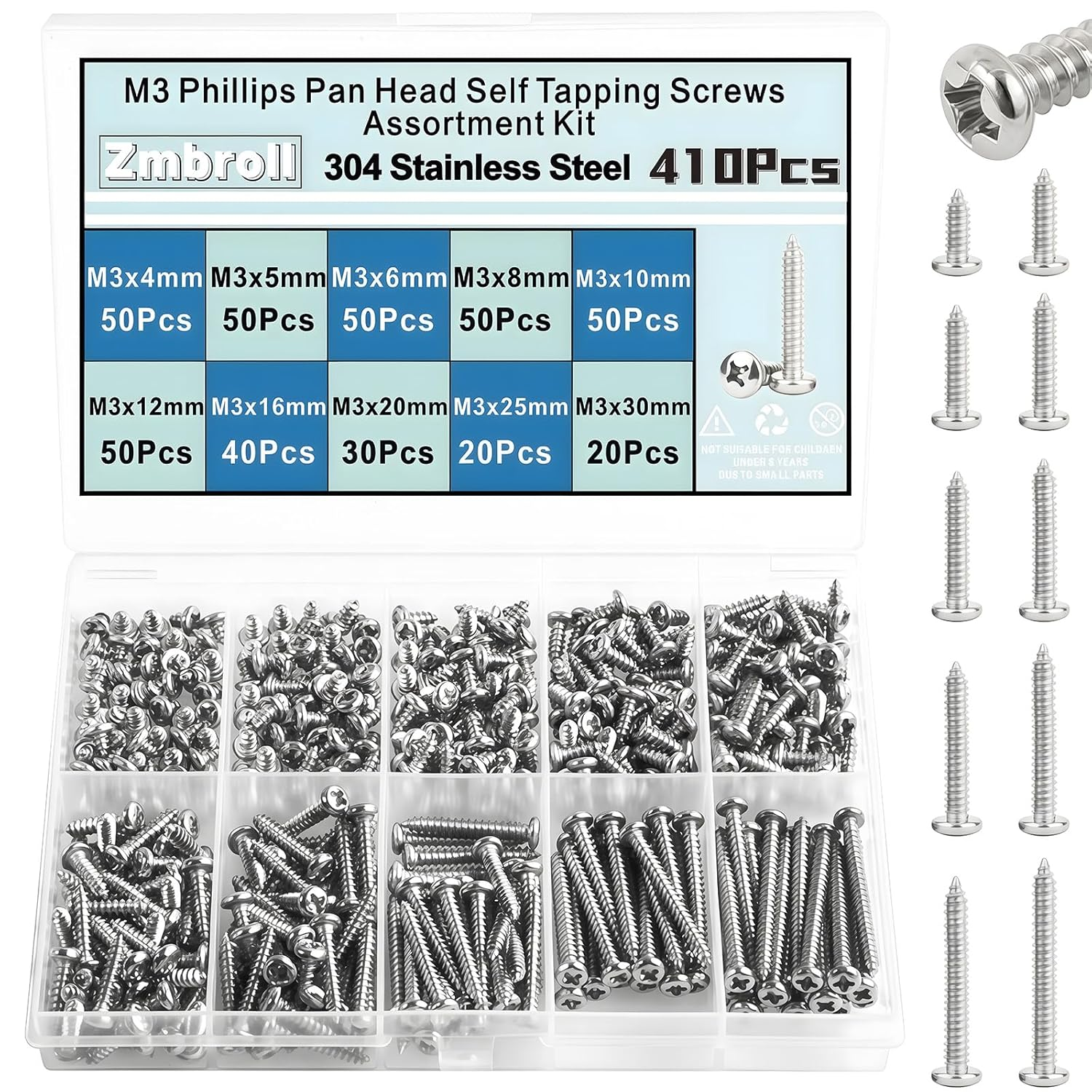 M3 Pan Head Self-Tapping Wood Screws,410Pcs Silver Wood Screw,Round Head Self Tapper Metal Fasteners,Mini 304 Stainless Steel Electronic Screws Coarse Threaded Sharp Point Fastener image number 5