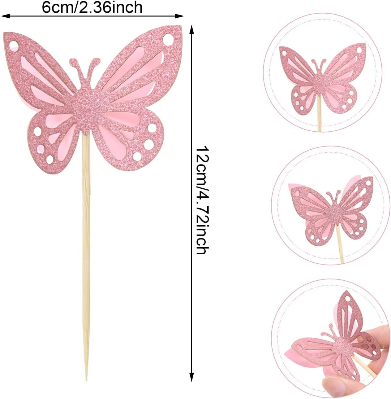 Yueton 24PCS 3D Butterfly Cupcake Toppers Double Layers Glitter Butterfly Cake Toppers Cake Decorations Butterfly Cupcake Picks Cocktail Picks for Theme Party Birthday Wedding Baby Shower Supplies image number 3
