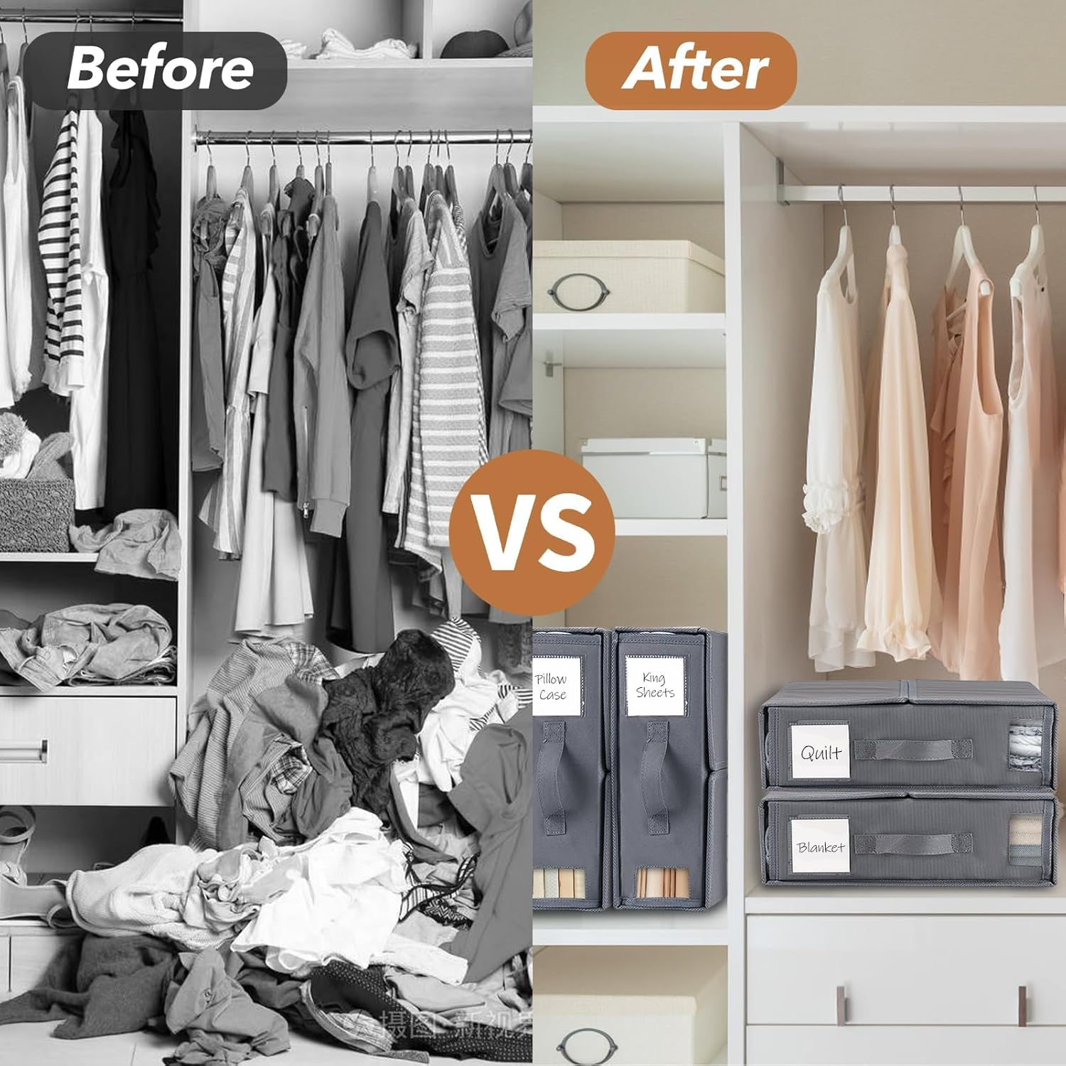 BDZBREN Bed Sheet Organizer and Storage 4 Pack (Queen or King Size), Linen Closet Organizer, Foldable Bedding Container for Duvet Cover Set, Clothes, Blankets and Pillow Cases, Dark Gray (Grey) image number 4