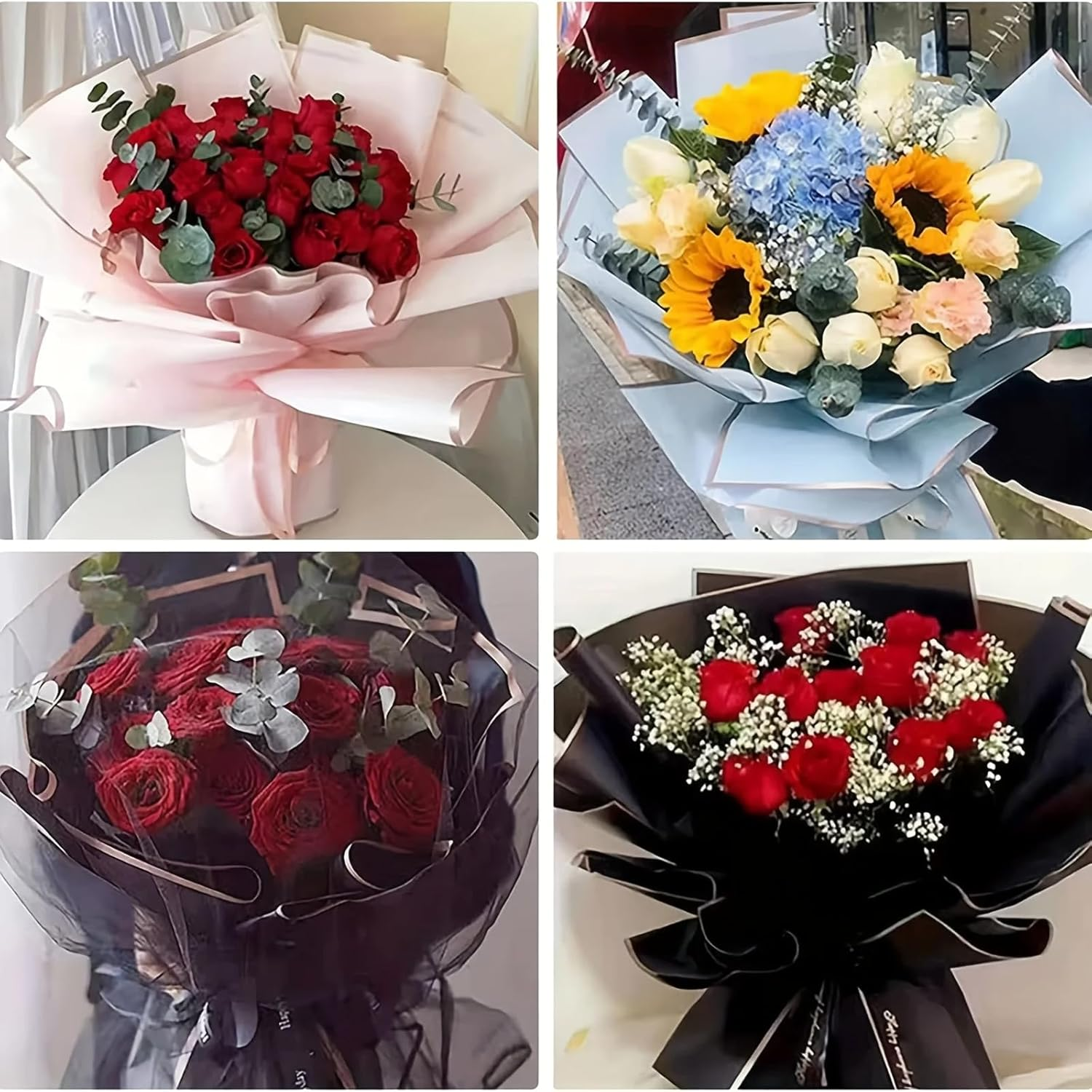 60 Pieces of Bouquet Wrapping, 22.8-Inch Large Size,Organza Ribbon and Greeting Card,Waterproof Translucent Phnom Penh Wrapping, Bouquet Wrapping, (Black, Blue, Gray) image number 2