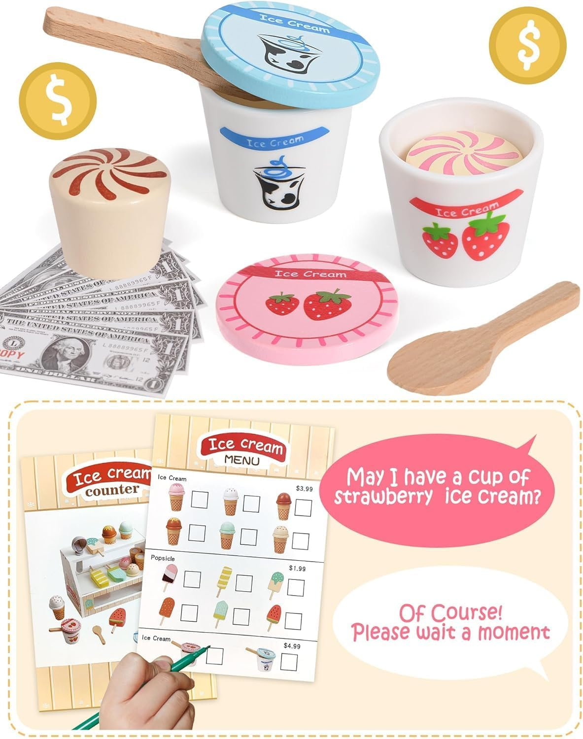 Wooden Ice Cream Toys Kids Pretend Play Store Toys for Toddlers Girls 3-5, Play Kitchen Accessories with Counter & Menu, Wooden Food Christmas Birthday Gifts for 3 4 5 Year Old Girls Boys image number 1