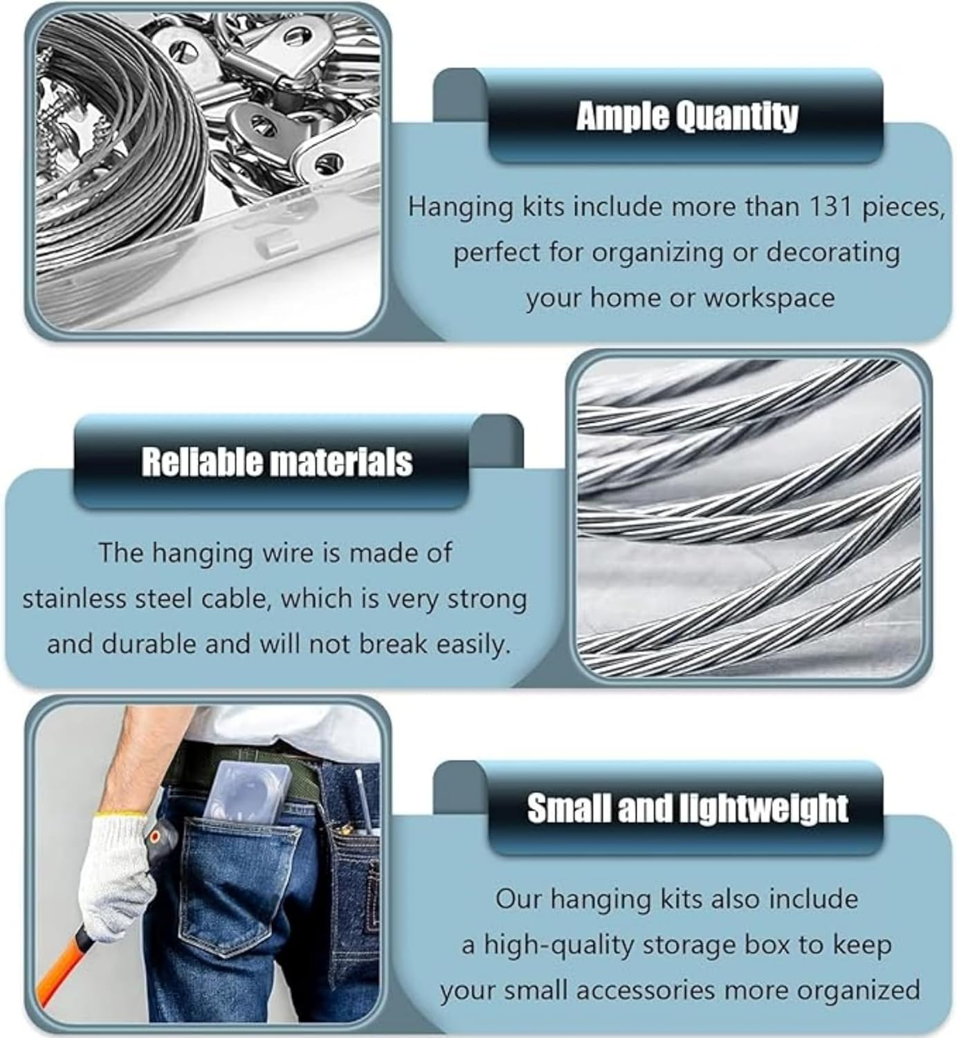 Picture Hanging Wire, 131 Pcs Picture Frame Hanging Wire with D Ring Hangers and Crimping Loop Sleeves Steel Rope for Mirror Clock for Mirror, Clock Frame, Artwork Hanging image number 5