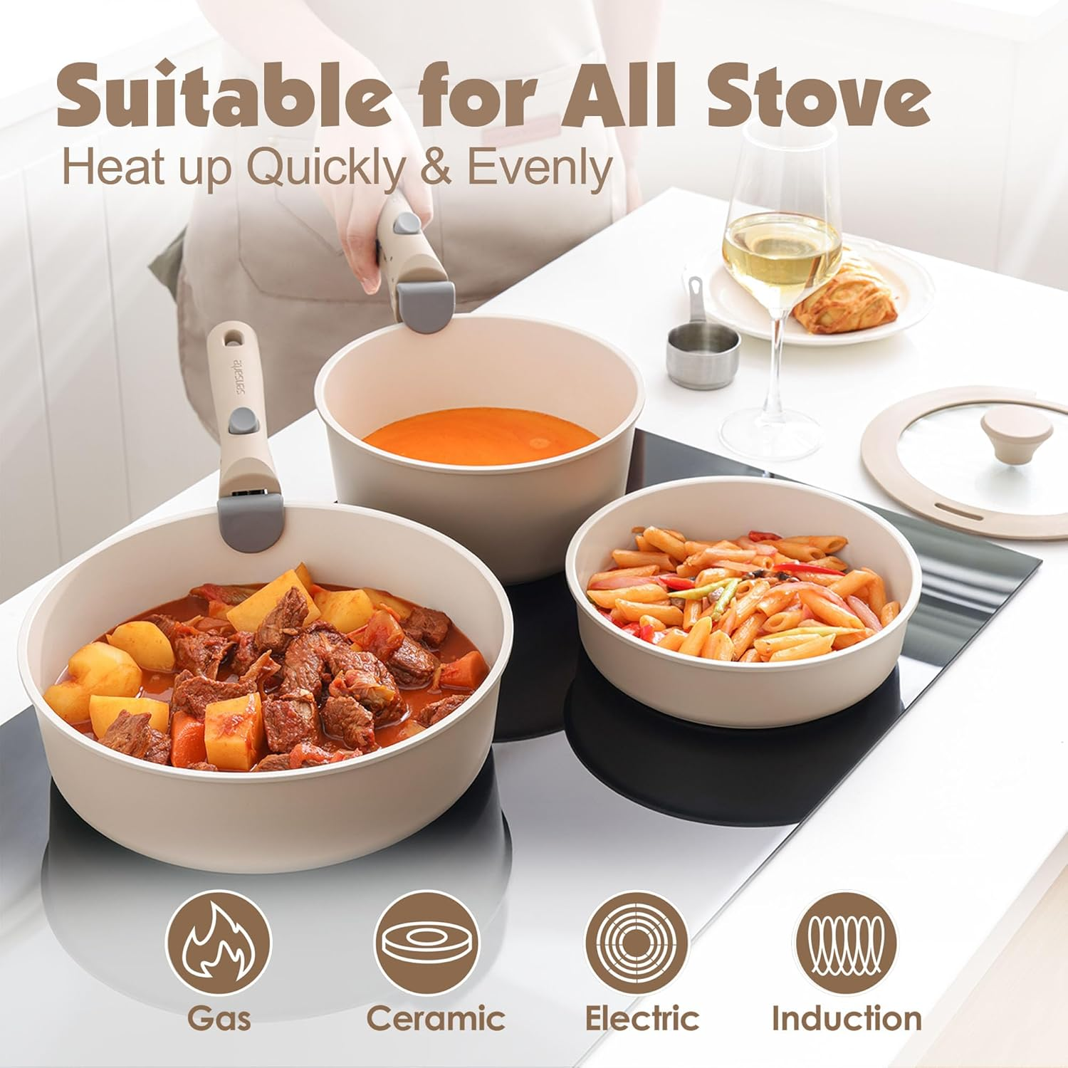 SENSARTE 17 Piece Ceramic Pots and Pans Set, Nonstick Detachable Handle Cookware, Induction Kitchen Cookware Set with Removable Handle, Dishwasher ＆ Oven Safe, PFAS/PTFE/PFOA Free (Almond Beige) image number 4