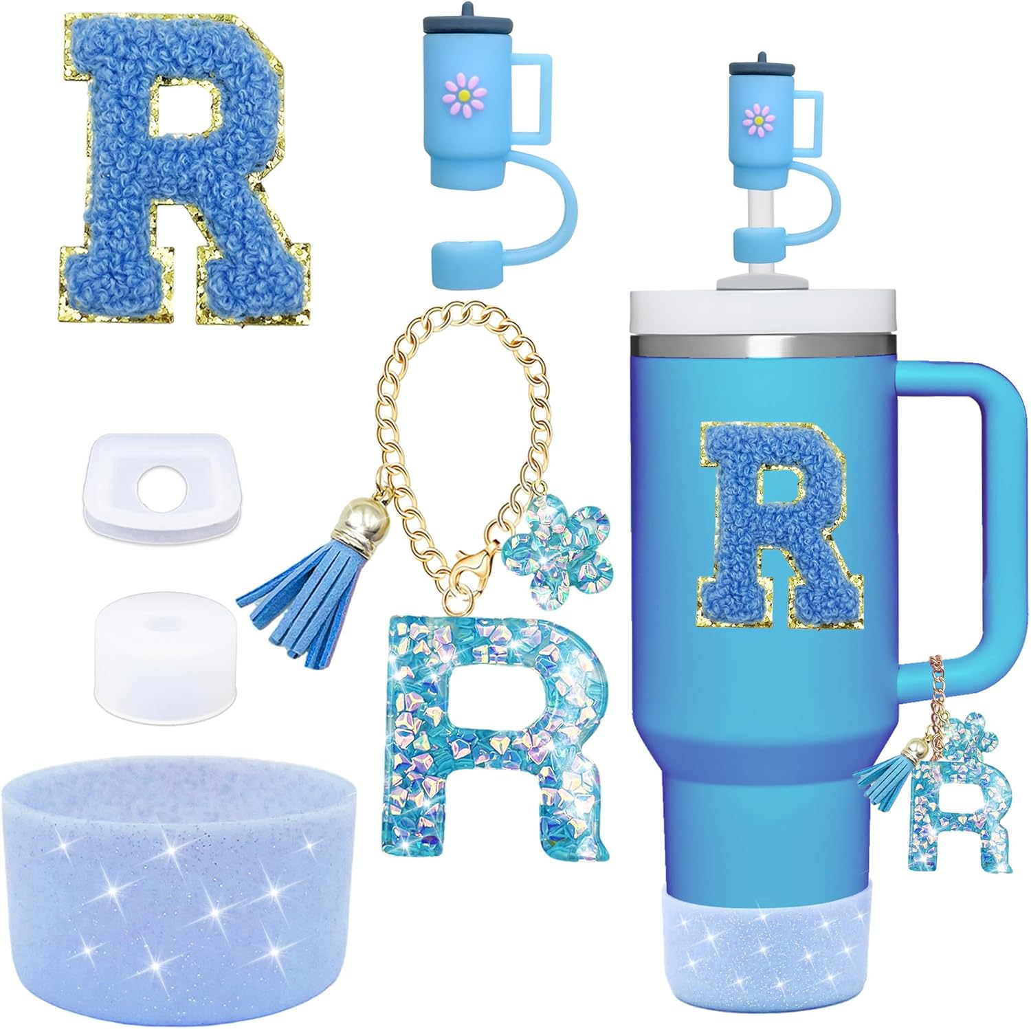 6PCS Cup Accessories Set for Stanley Cup 30Oz 40Oz Tumbler with Handle, Including Silicone Straw Topper Cover Cap and Boot, Spill Proof Stopper, Handle Charm, Initials Sticker(Blue J) - Blue B image number 3
