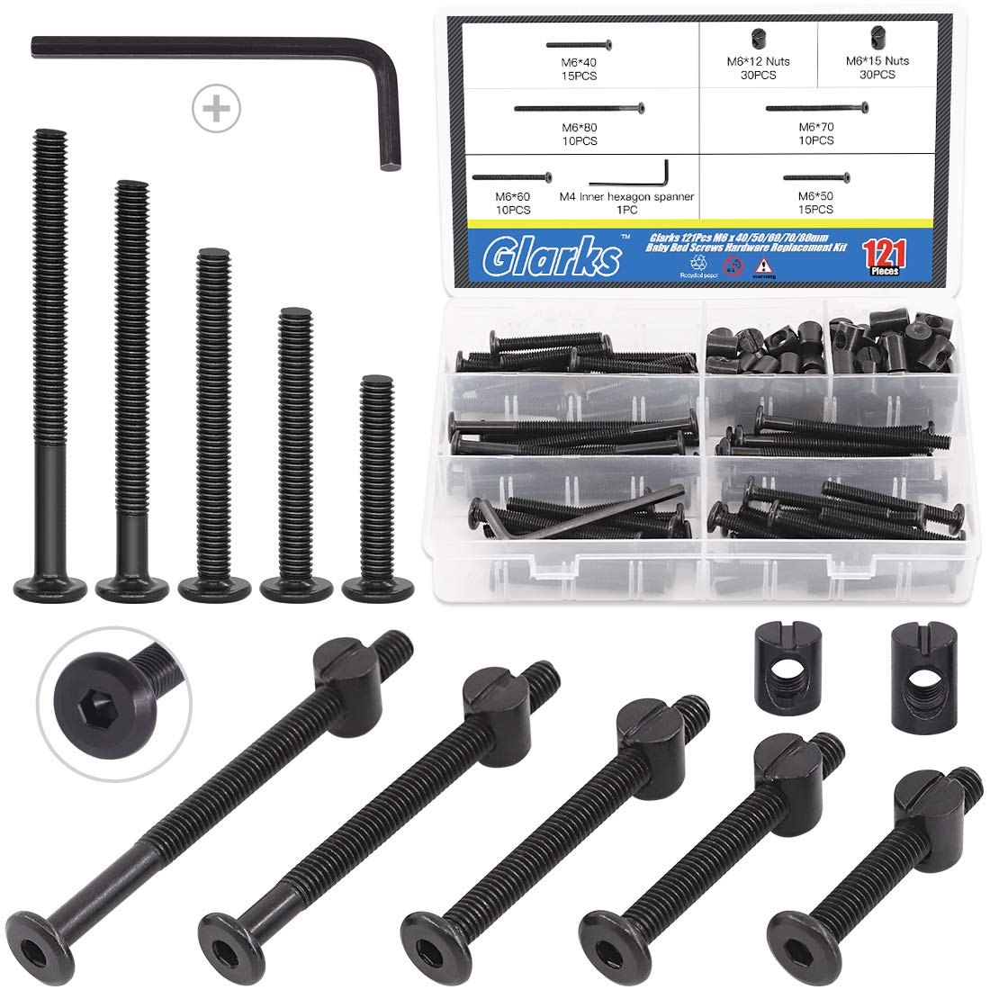 Glarks 120Pcs M6X40/50/60/70/80Mm Black Hex Socket Cap Bolt Screws and Barrel Nut Assortment Kit with a Allen Wrench for Crib Baby Bed Cots Furniture image number 3