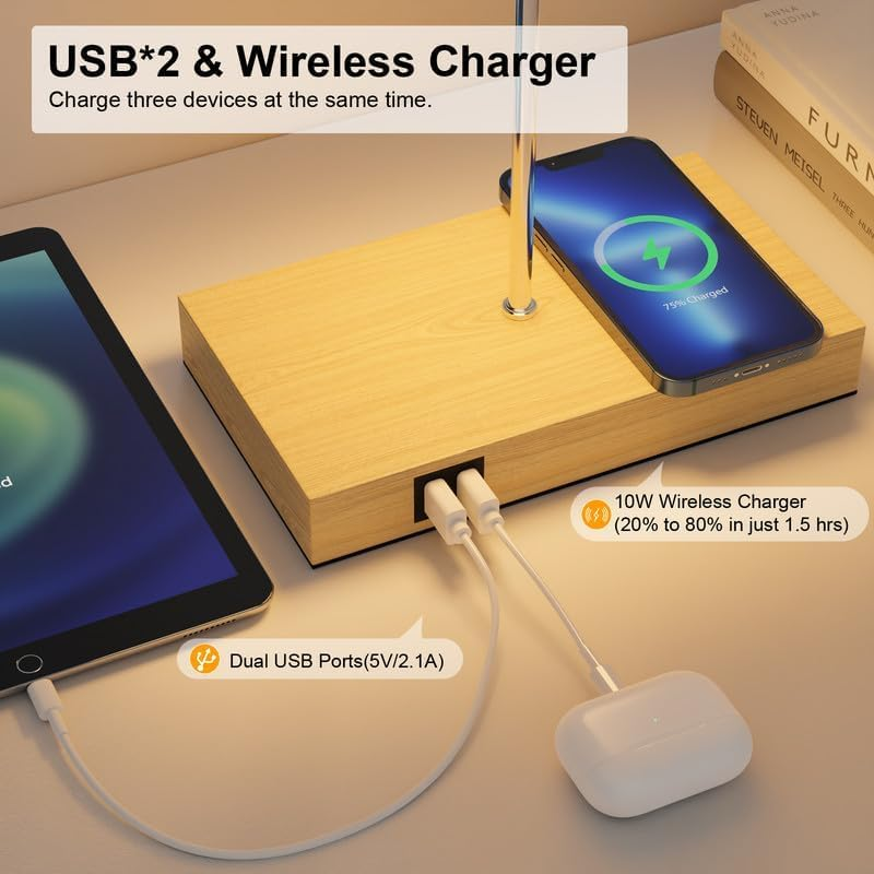 ​10W Wireless Charging Bedside Lamp - Touch Dimmable LED Table Lamp with 2 USB Ports, 3 Brightness for Bedroom & Office image number 1