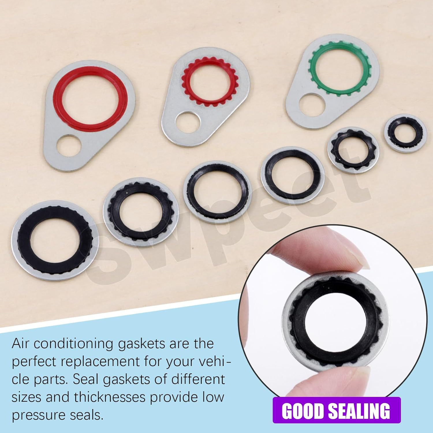 Swpeet 60Pcs 9 Size A/C System Compressor Gasket Seals Assortment Kit, Air Conditioning Compressor Port Seal Washer, Bonded Gasket Seal, A/C Compressor Seal Gasket image number 6