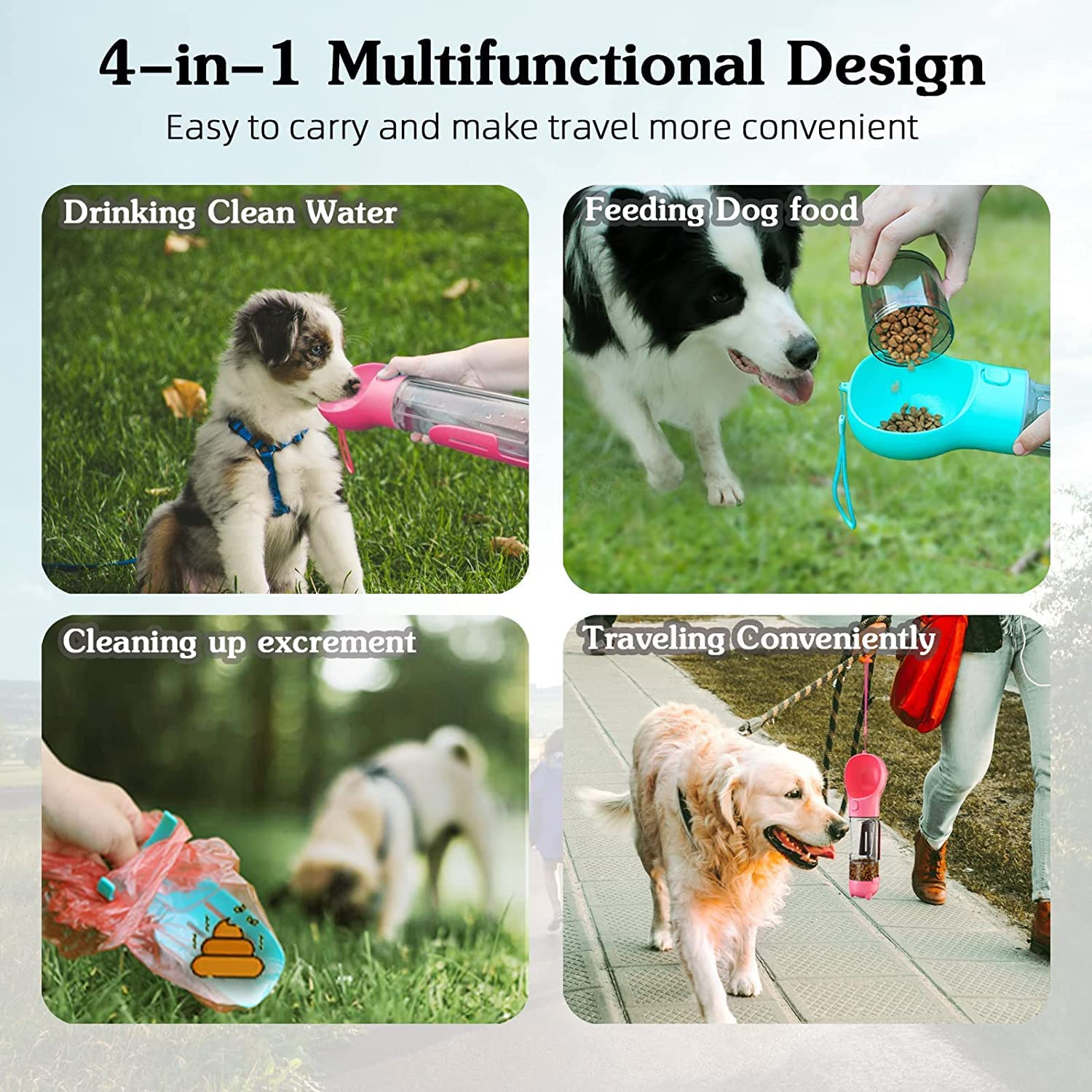 Dog Water Bottle 4 in 1 Portable Pet Water Bowl Dispenser with Dog Whistle, Pet Travel 10OZ (300ML) Water Cup with Food Container, Poop Collection Shovel, Garbage Bag for Dogs Cats Walking and Travel image number 4