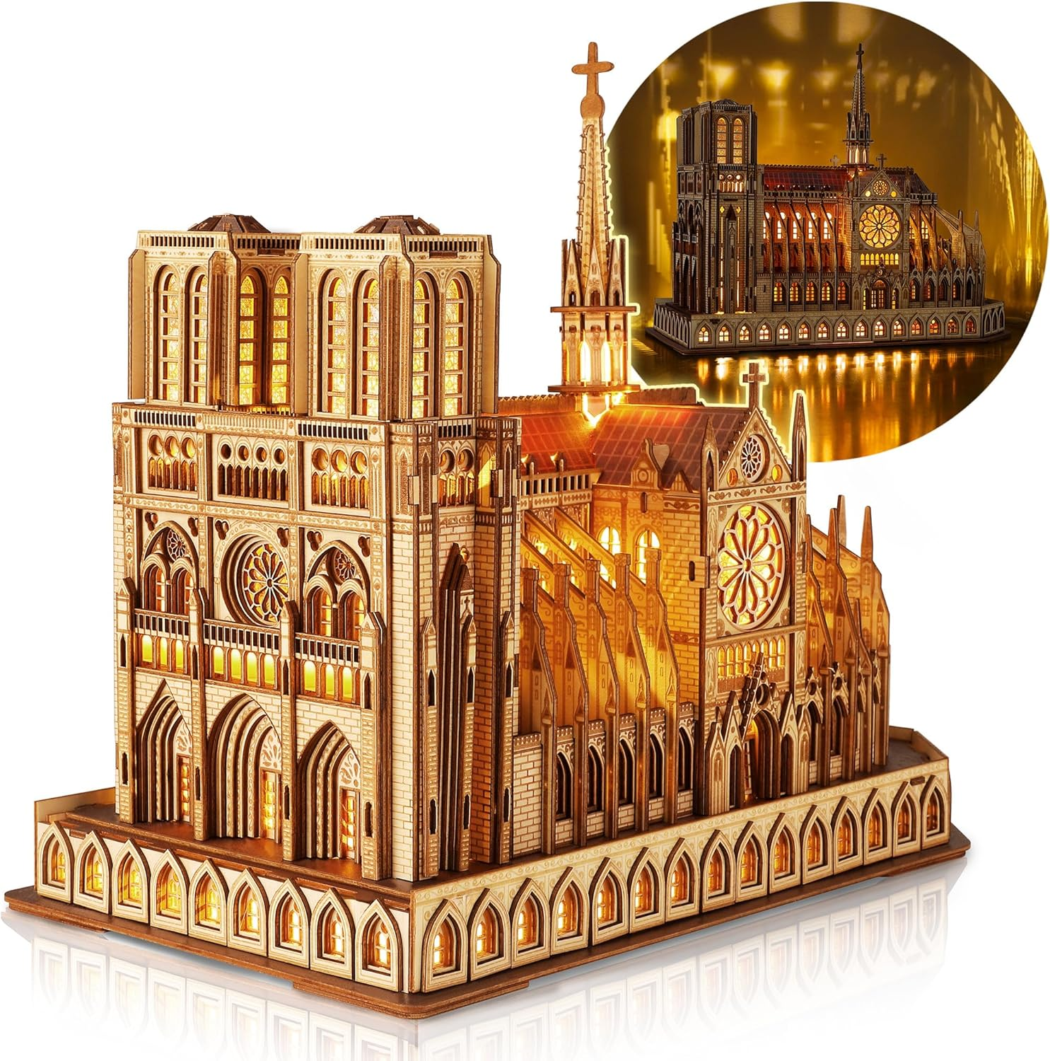 FUNPOLA LED 3D Wood Puzzle - Notre Dame De Paris Architecture Model-Night Edition with LED Lighting- DIY Building Model Craft Kit, Architecture Building Set image number 5