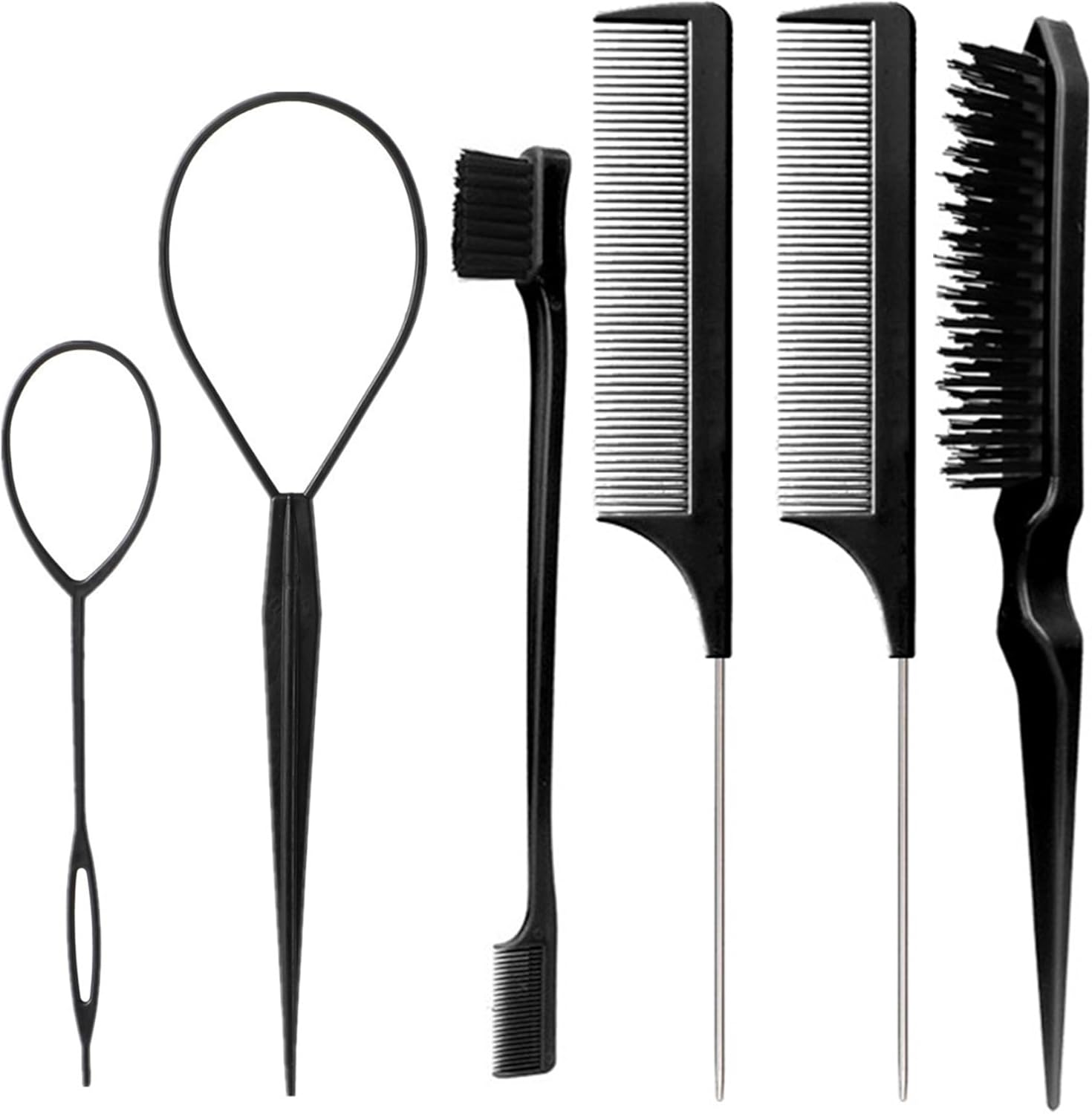 6 Pcs Hair Styling Tools Set - Topsy Tail Hair Tool, Rat Tail Comb, Slick Back Brush, Baby Hair Brush, Edge Brush, Smoothing Comb for Women Girls