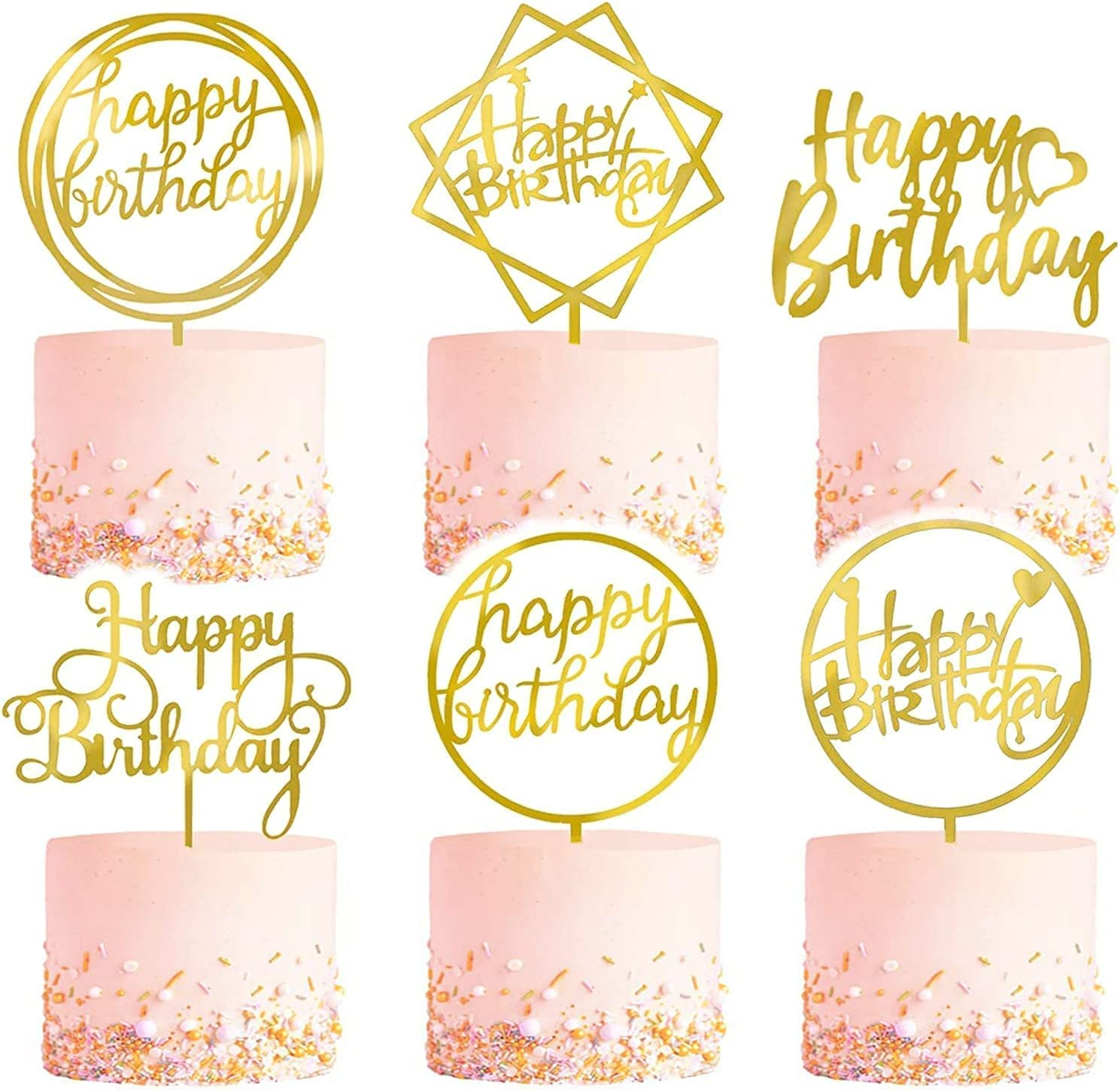 6 Pack Gold Birthday Cake Topper Set, Acrylic Happy Birthday Cake Toppers Cupcake Toppers,Double-Sided Glitter Happy Birthday Gold Cake Topper Set,Acrylic Happy Birthday Cake Toppers Cupcake Toppers image number 2