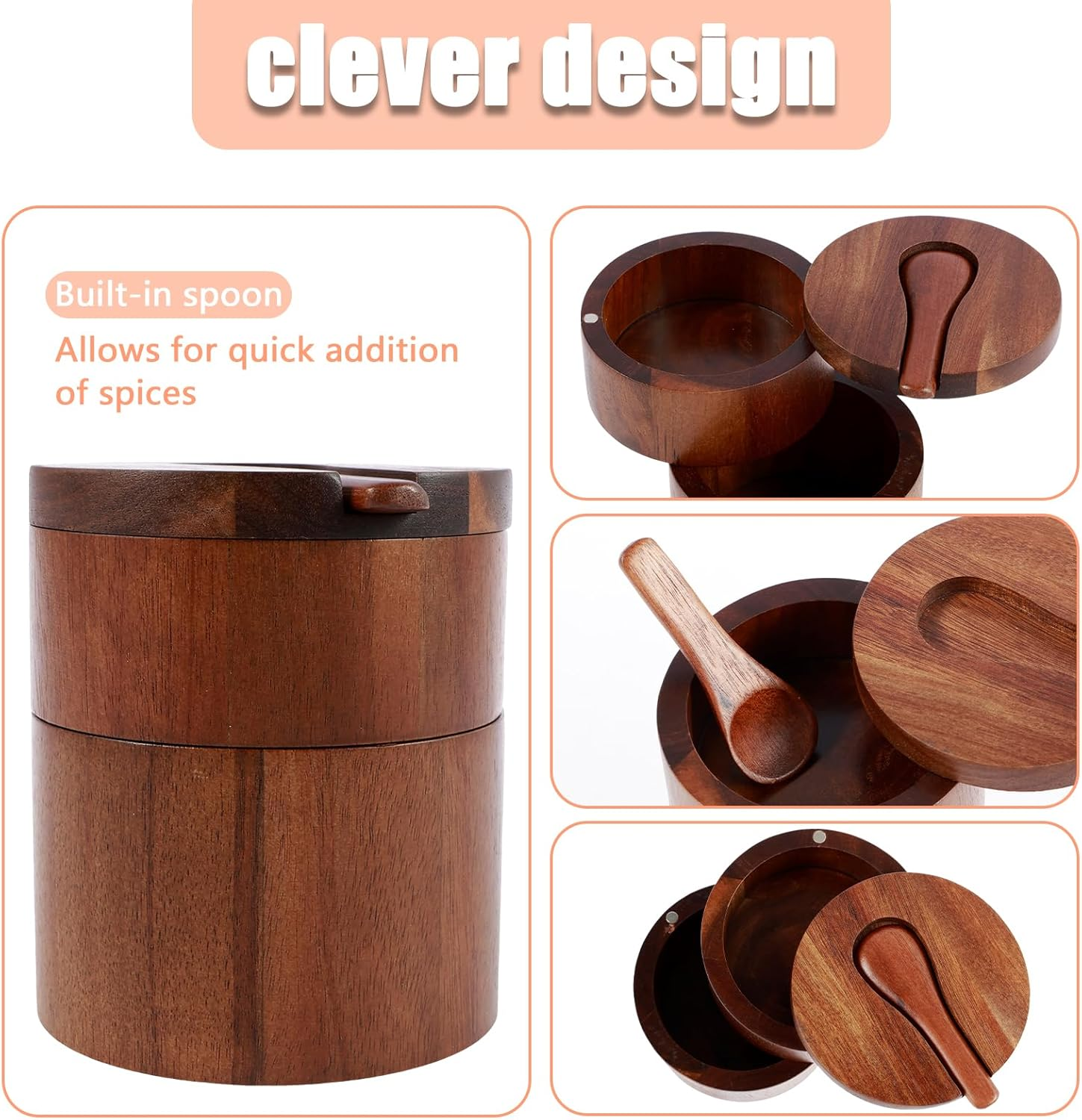 PHWRECZ 2 Layers Acacia Wood Salt and Pepper Bowl Salt and Pepper Storage Box Salt Container Salt Keeper with Built in Spoon and Magnetic Swivel Lid Dustproof Salt Holder for Kitchen Serving (Wood A) image number 3