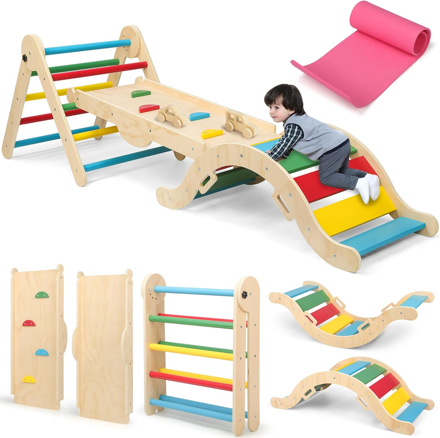 Omebel 8-In-1 Foldable Pikler Climbing Set | Baby Climbing Gym with Triangle, Ramp, Slide & 2 Toy Cars | Montessori Toys for Toddlers to Develop Motor Skills | Indoor Kids Climbing Frame (Natural)