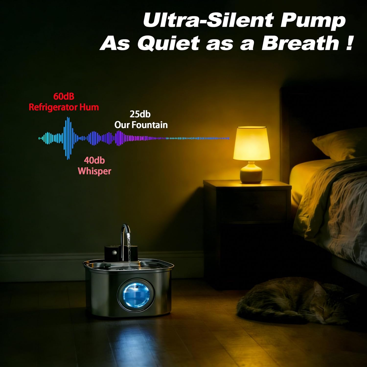 Wireless Cat Water Fountain Stainless Steel, 3.2L/108Oz Pet Water Fountain for Cats inside with Level Window, Ultra-Quiet Pump Pet Dispenser with Five Filters for Cats,Dogs, Dishwasher Safe (Silvery) image number 4