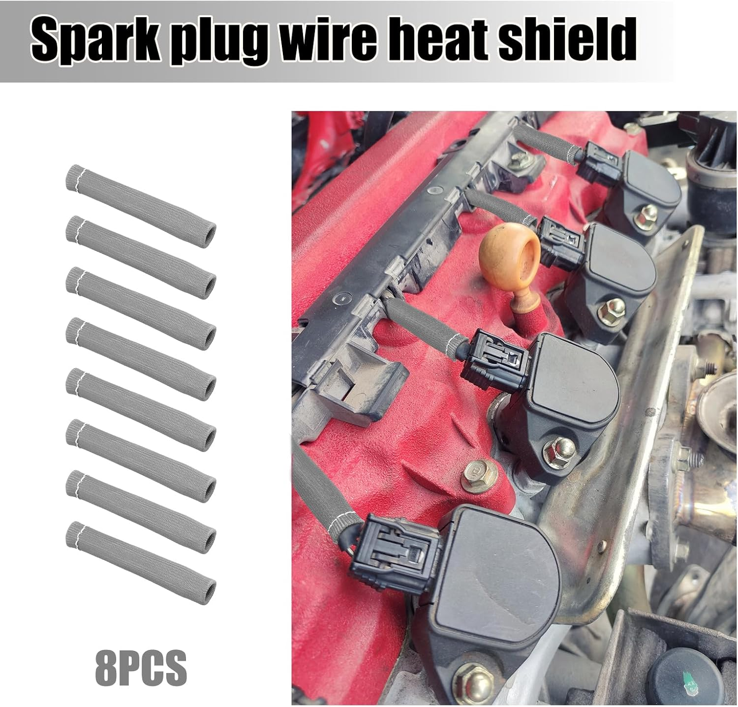 8Pcs Spark Plug Wire Heat Shields for Ford Chevrolet, 2500 Degree Spark Plug Wire Shield Protector Boots Thermal Protection Insulator Wrap Sleeve Cover for LS1 / LS2 SBC BBC 350 454(Silver Gray) image number 5