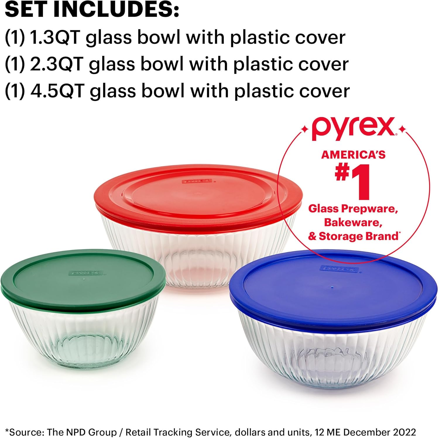 Pyrex Sculpted Large 6-Piece Glass Mixing Bowls, 1.3 QT, 2.3 QT, and 4.5 QT Prepping and Baking Food Storage Set, Dishwasher, Microwave and Freezer Safe image number 4