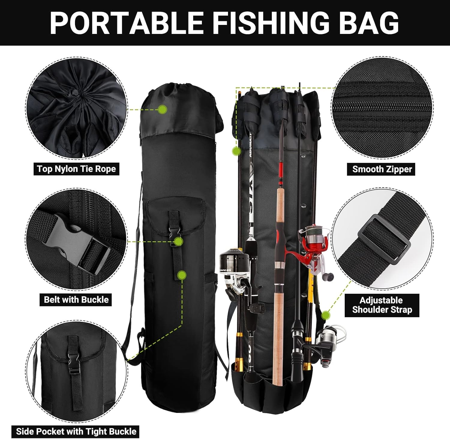 FOUUAAOOU Fishing Rod Bag, Fish Pole Case with Durable Folding Oxford Fabric, Portable Gear for Men Gifts (Black)
