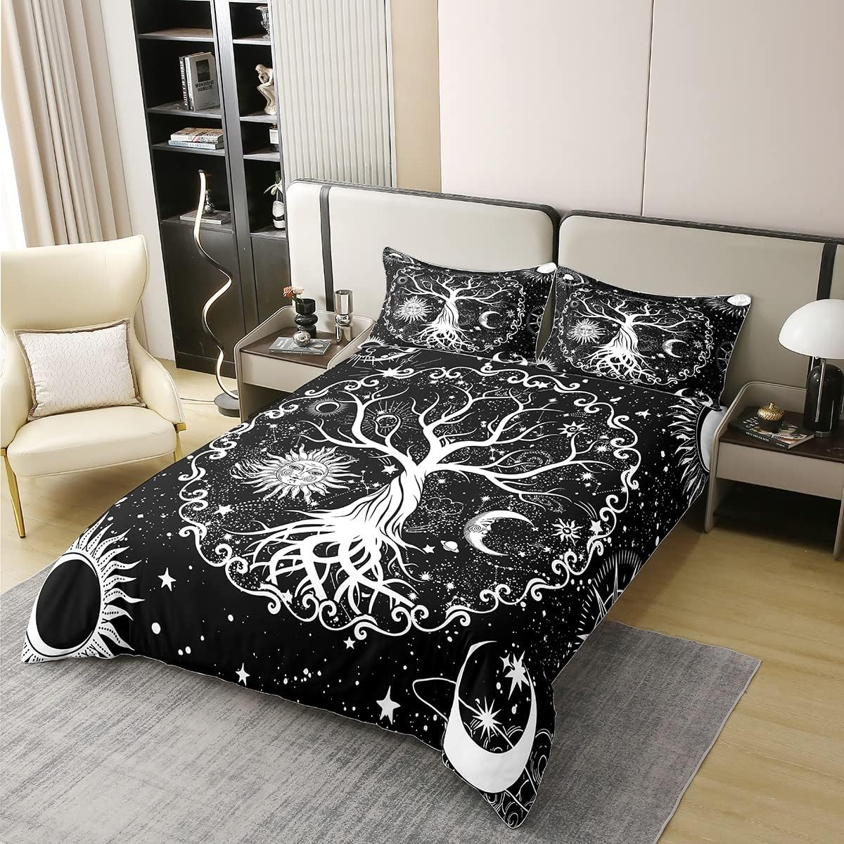 Tree of Life 100% Washed Cotton Duvet Cover 220 X 240 Cm Sun and Moon Comforter Cover, Psychedelic Galaxy Space Stars Bed Linen Sets Soft Microfibre Duvet Cover, Black White Room Decor image number 3