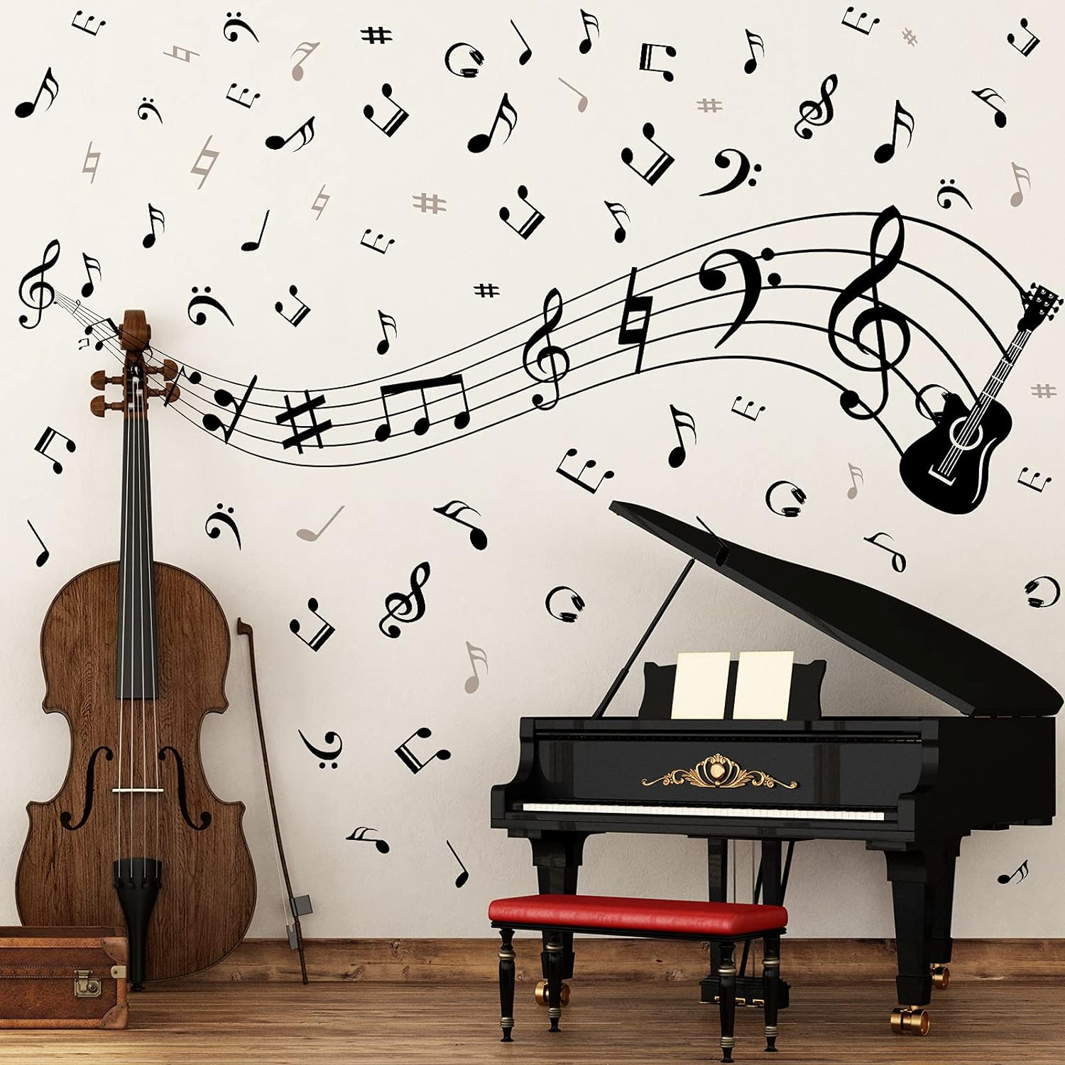 Music Wall Stickers Decals Music Note Wall Decor Removable Notation Band Decals Vinyl Mural Wallpaper DIY Home Decor for Classroom Living Room Bedroom Kids Studio Decoration