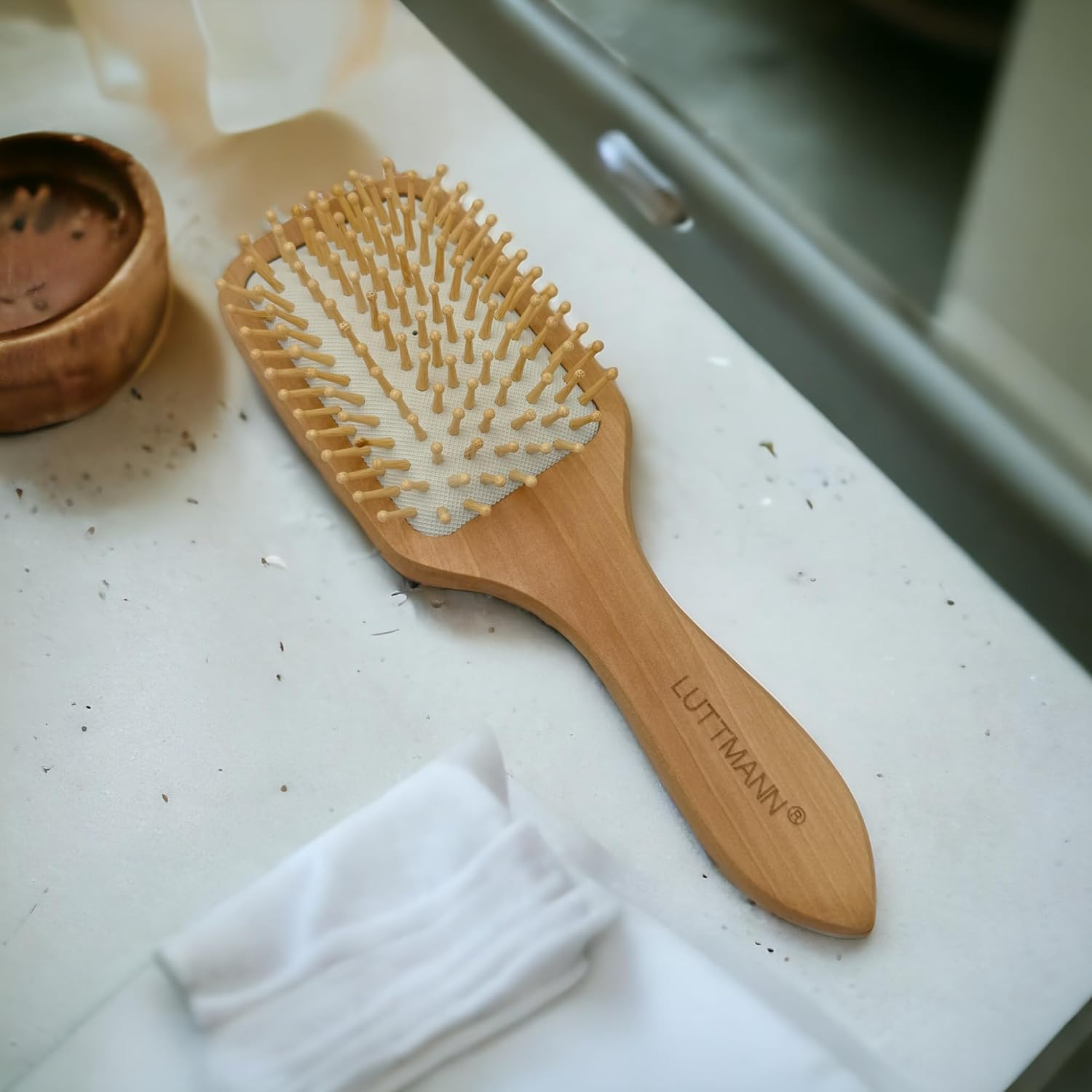 LUTTMANN&reg; Wigs Hair Replacement Second Hair Paddle Brush for Real Hair Wigs and Hairpieces - Wooden Brush with Bamboo Wooden Bristles Ensure Beautiful Nourished Hair