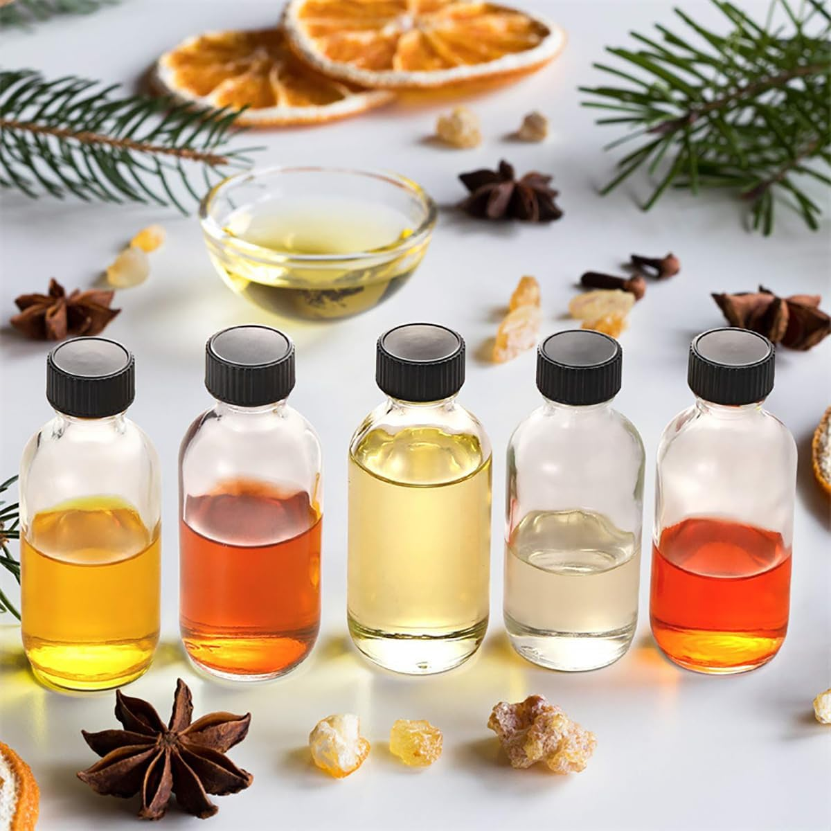 12 Pcs Small Glass Bottles with Lids,2Oz Clear Glass Containers with 3 Funnels,Brushes & Labels, Boston round Sample Bottles for Ginger Shots, Juice, Potion, Liquids, Whiskey image number 1